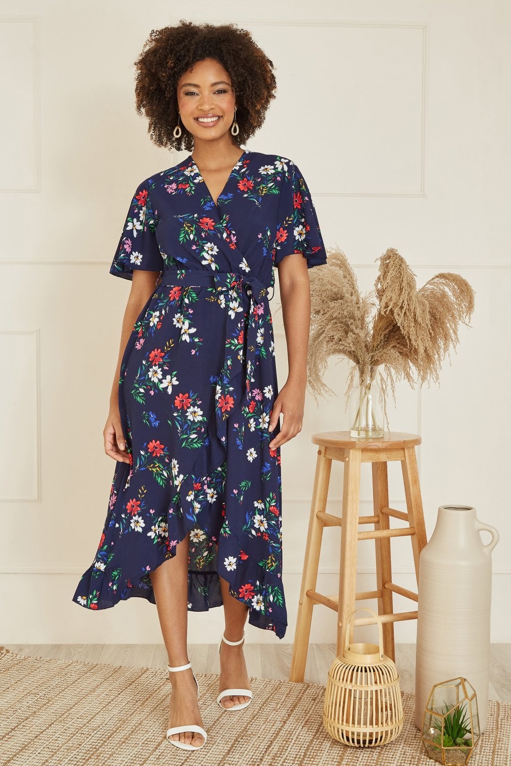 Mela Navy Floral Wrap Dress With Frill Hem