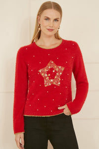 Mela Red Fluffy Star Christmas Jumper