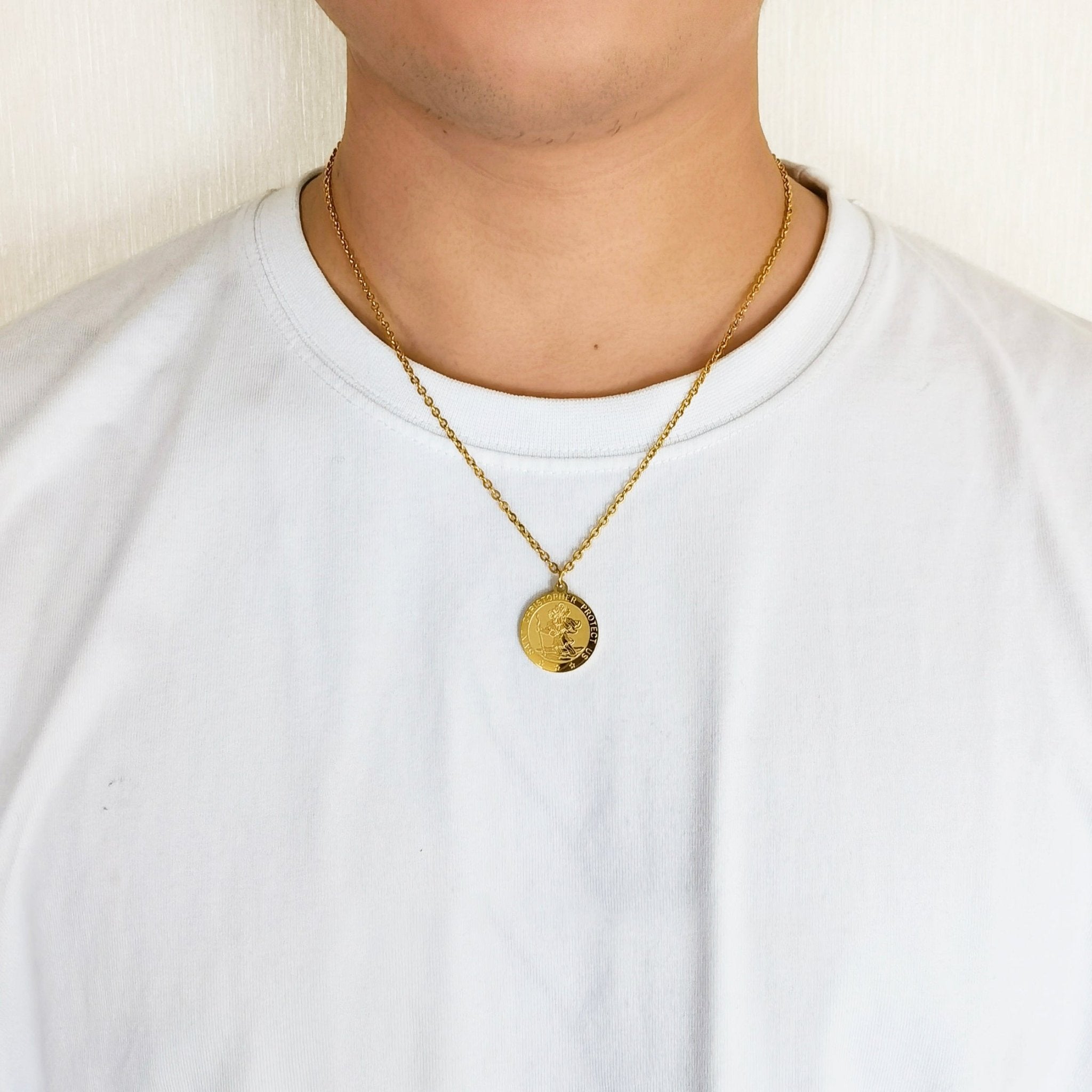 Men's Gold Plated Stainless Steel St Christopher Necklace