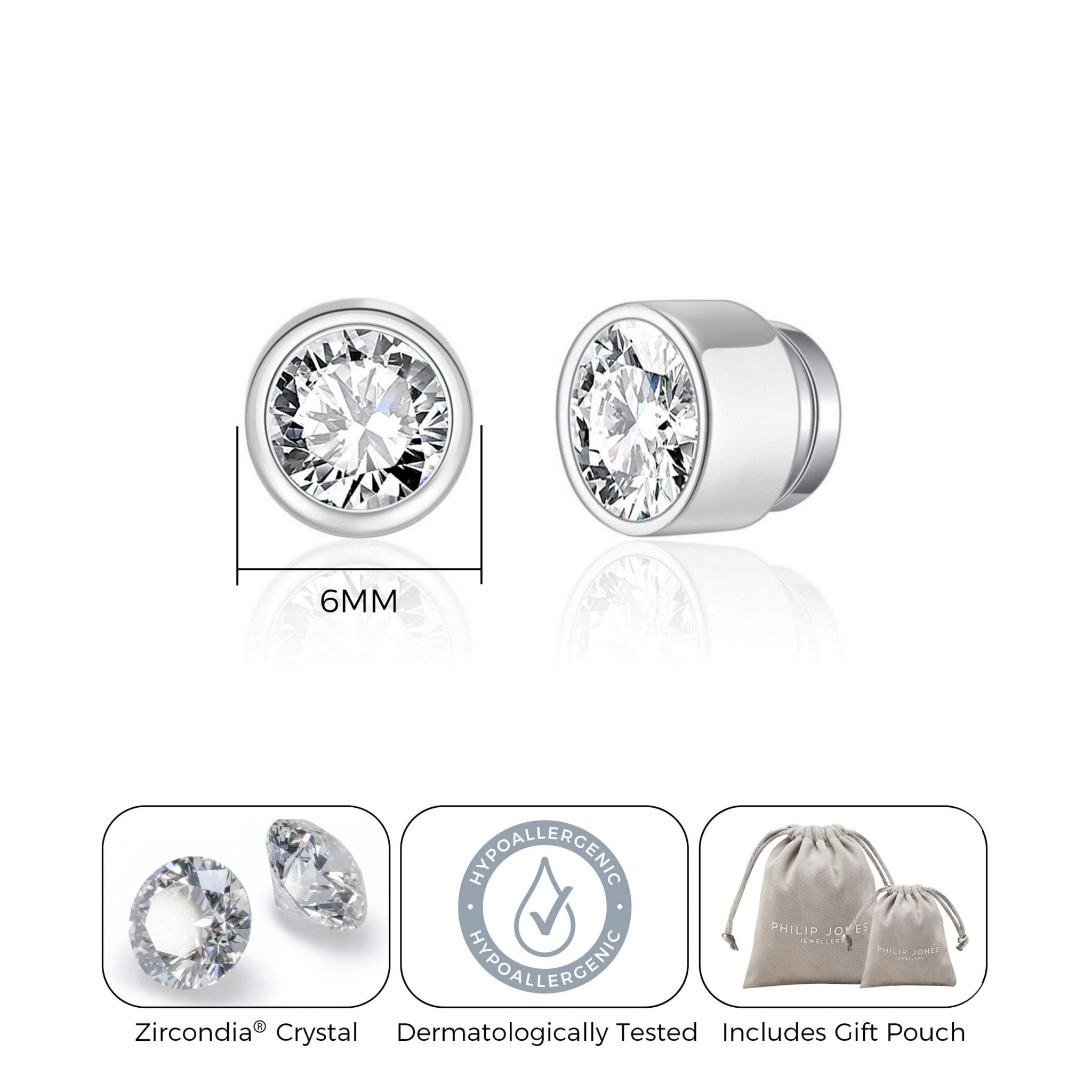 Men's Silver Plated 6mm Magnetic Clip On Earrings Created with Zircondia® Crystals