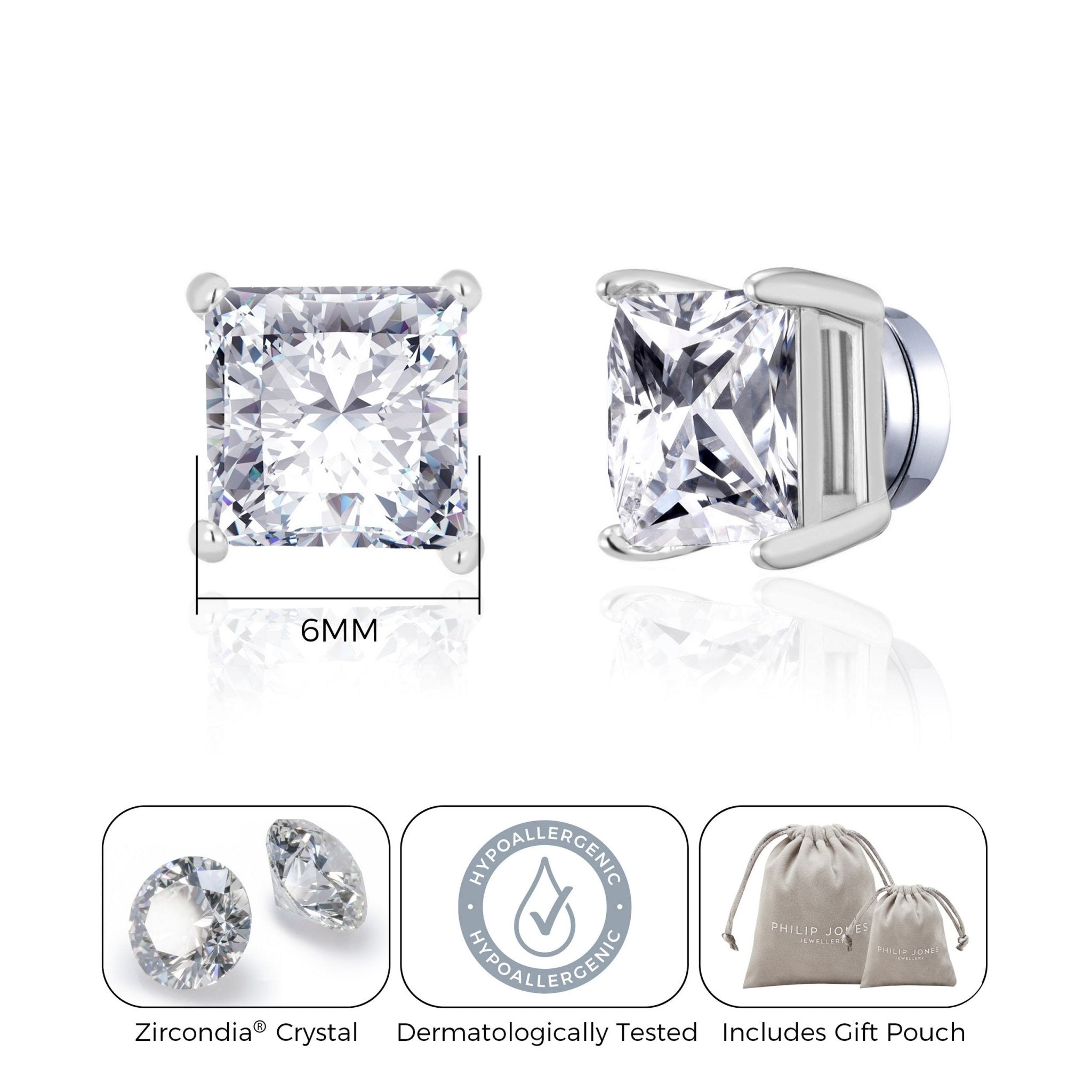Silver Plated Square Magnetic Clip On Stud Earrings Created with Zircondia® Crystals