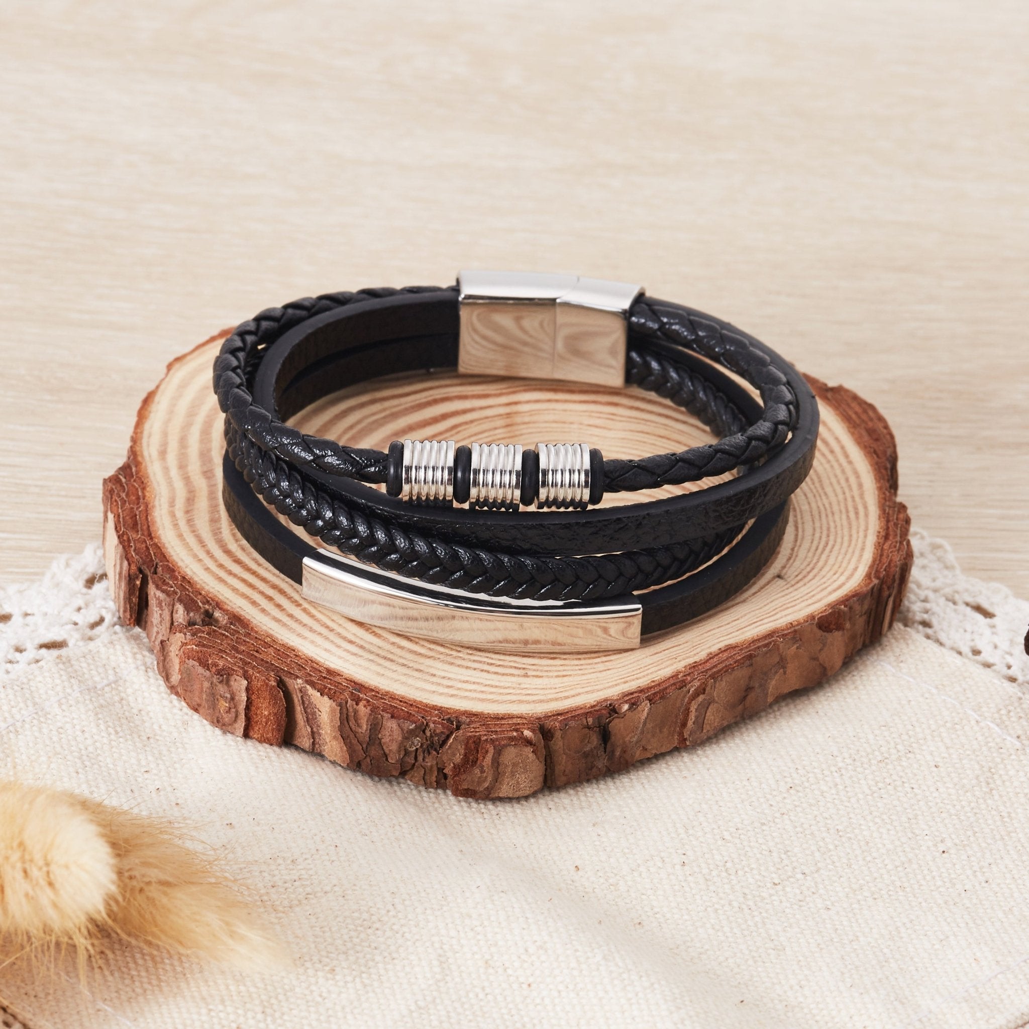 Men's Steel Genuine Black Leather Double Braided Bracelet