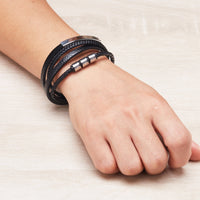 Men's Steel Genuine Black Leather Double Braided Bracelet