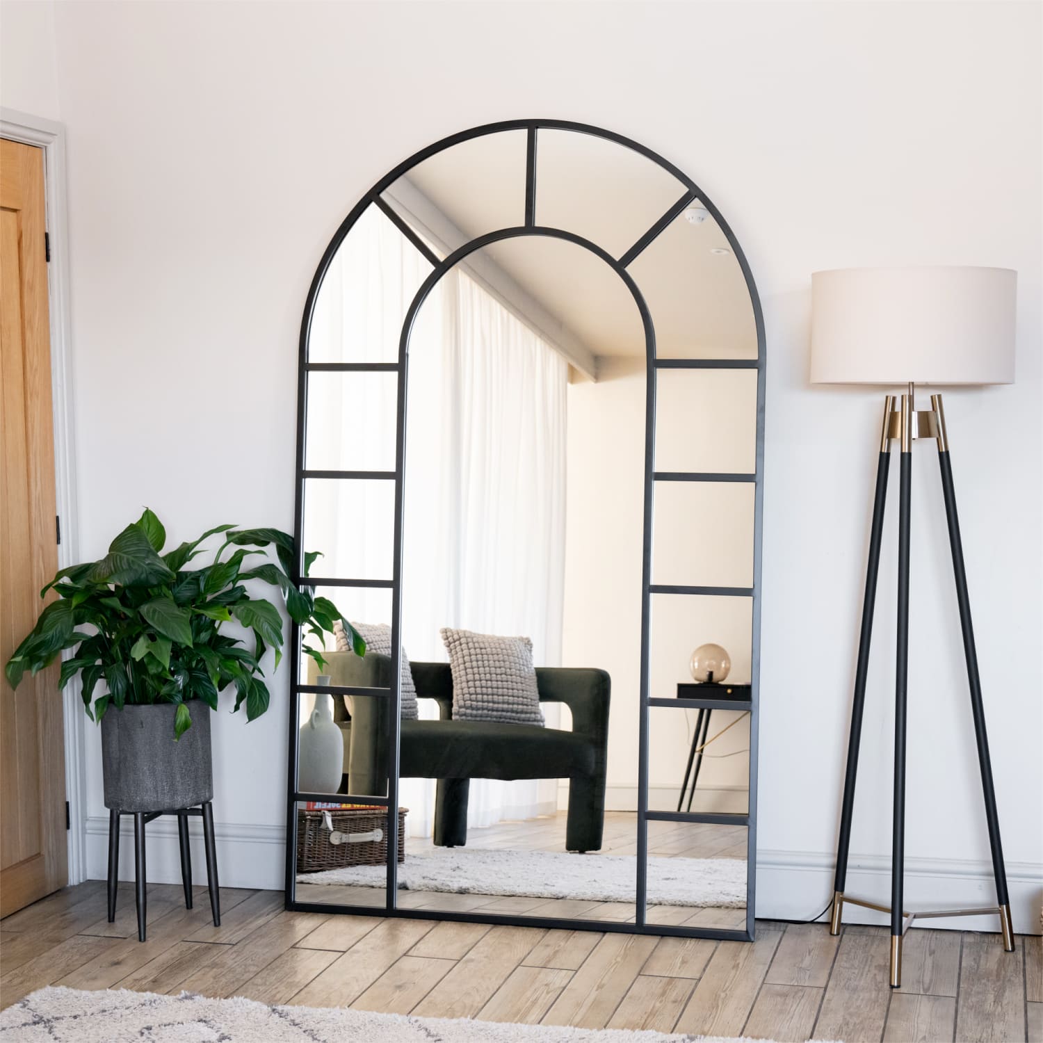 Mio - Full Length Black Metal Arched Window Mirror - 180cm x 105cm.