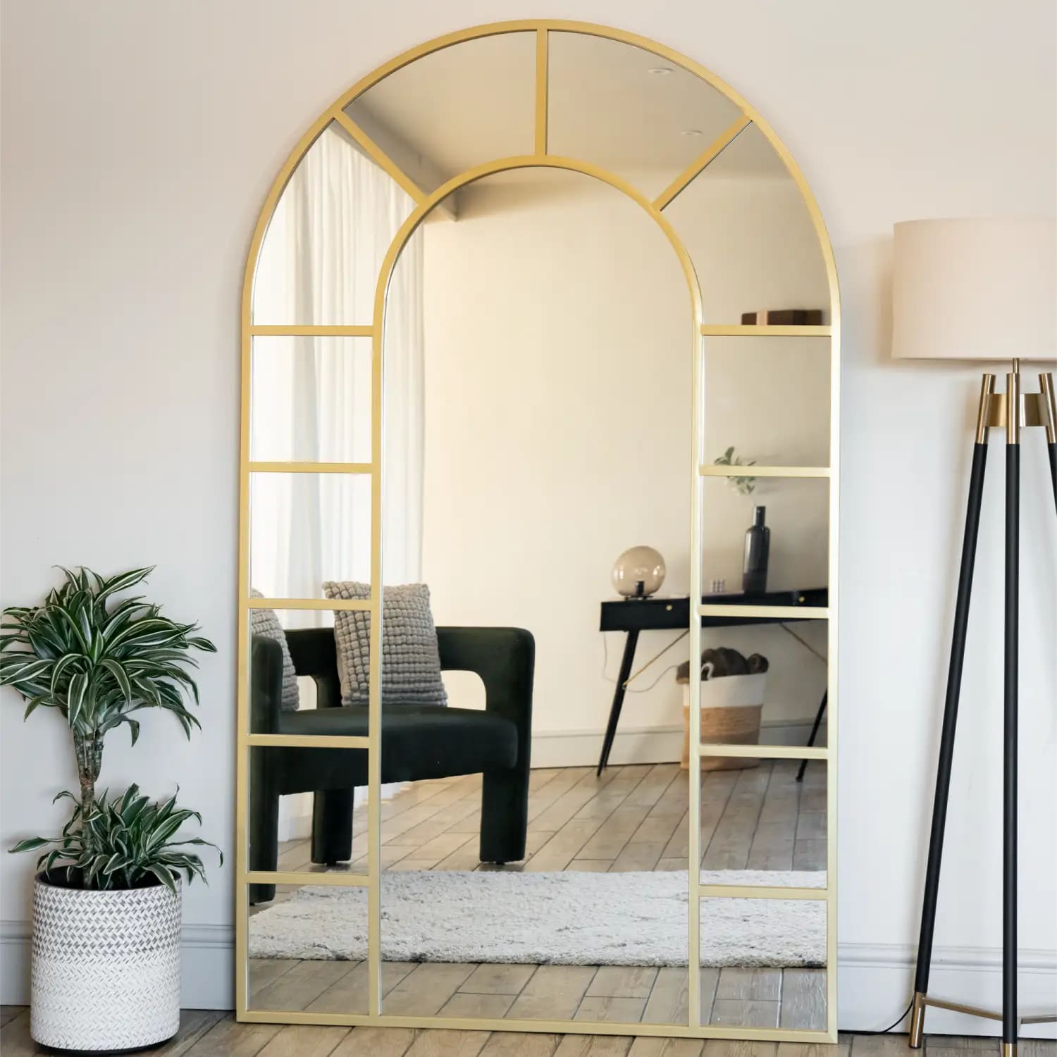 Mio - Full Length Gold Metal Arched Window Mirror - 180cm x 105cm.