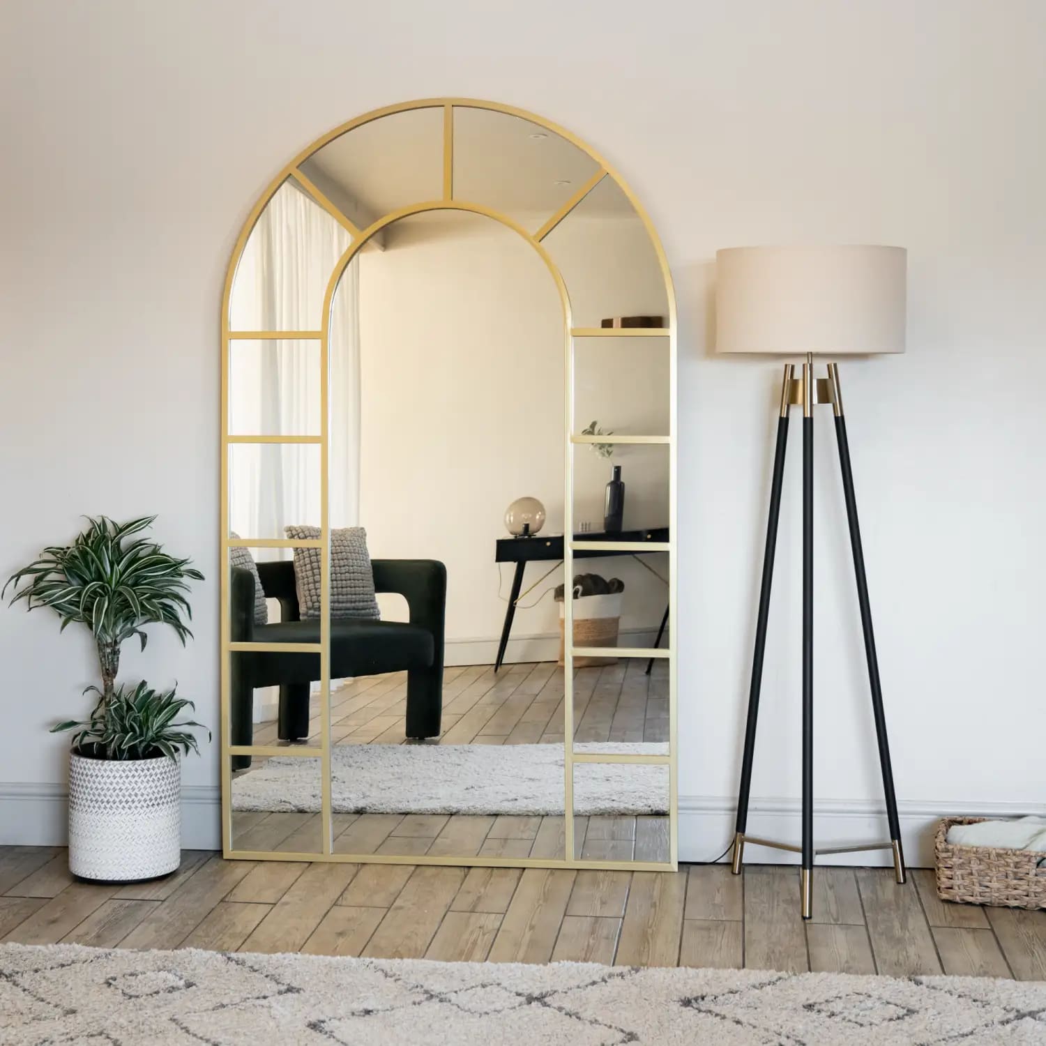 Mio - Full Length Gold Metal Arched Window Mirror - 180cm x 90cm.