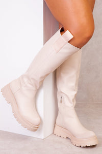 RACHEL CHUNKY PLATFORM CALF BOOTS IN IVORY CREAM FAUX LEATHER