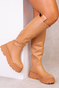 RACHEL CHUNKY PLATFORM CALF BOOTS IN CARAMEL MOCHA FAUX LEATHER