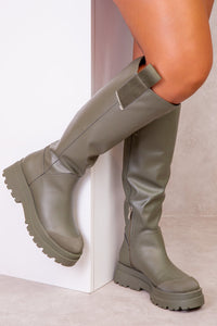 RACHEL CHUNKY PLATFORM CALF BOOTS IN KHAKI FAUX LEATHER