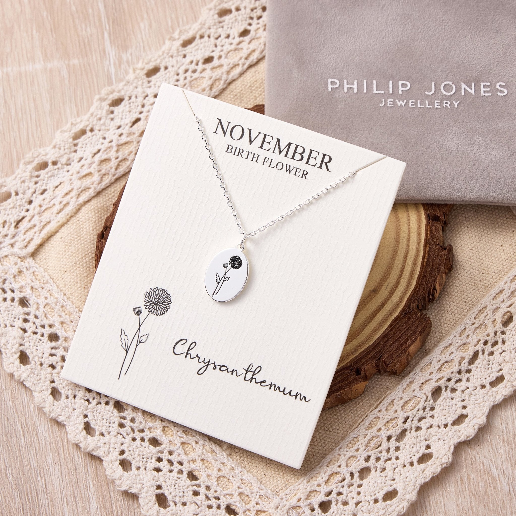 November Birth Flower Chrysanthemum Necklace with Card