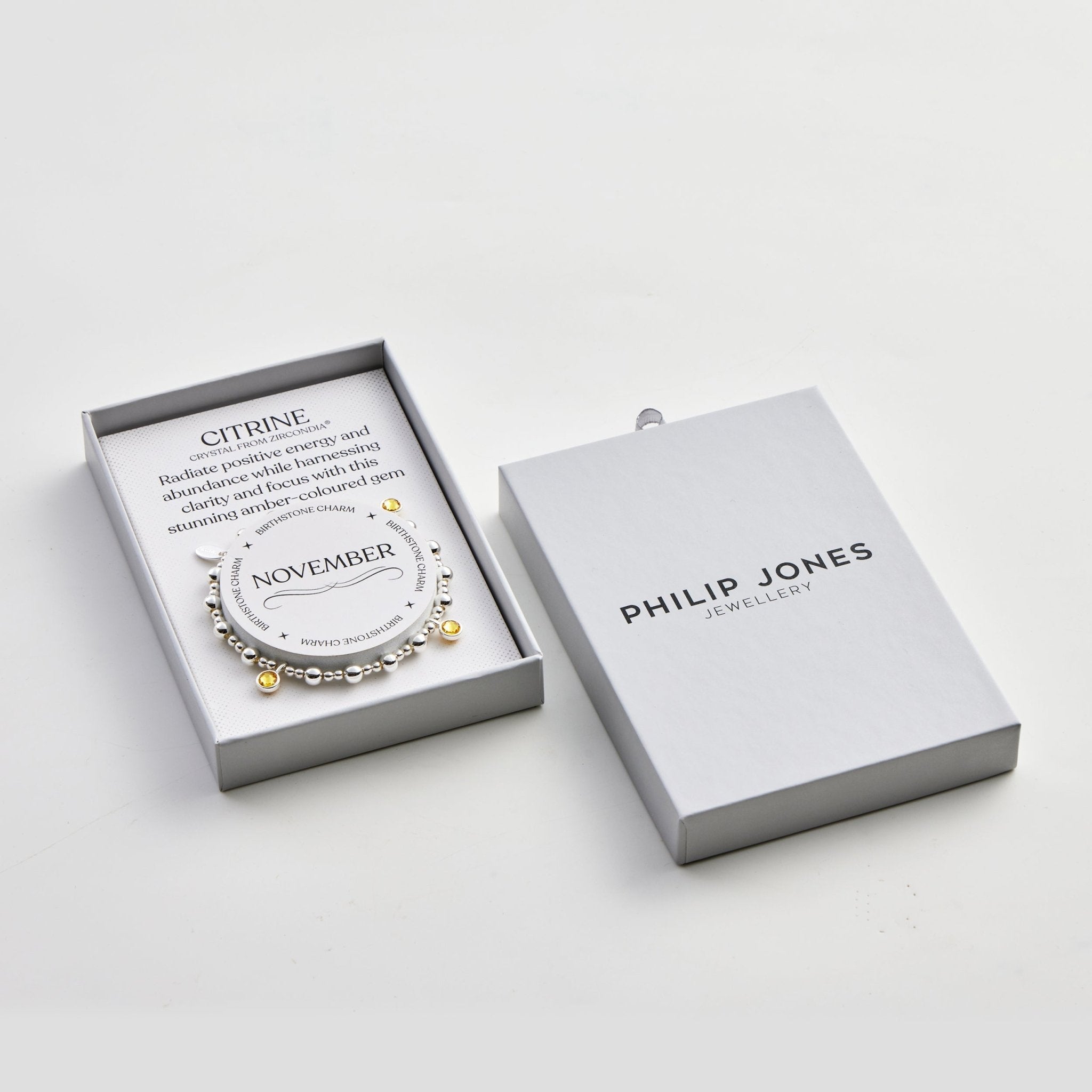 November (Citrine) Birthstone Stretch Charm Bracelet with Quote Gift Box