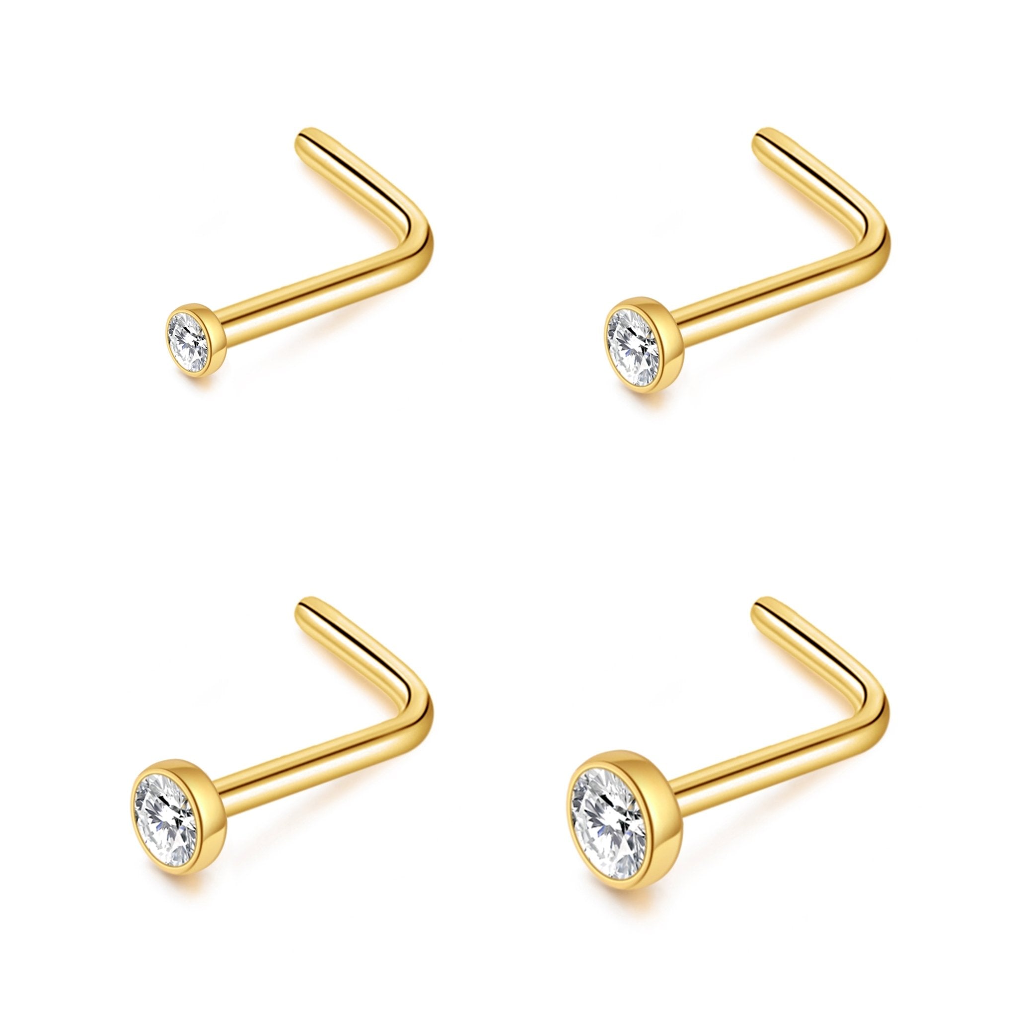 Pack of 4 L Shaped Bezel Set Gold Stainless Steel Nose Studs Created with Zircondia® Crystals