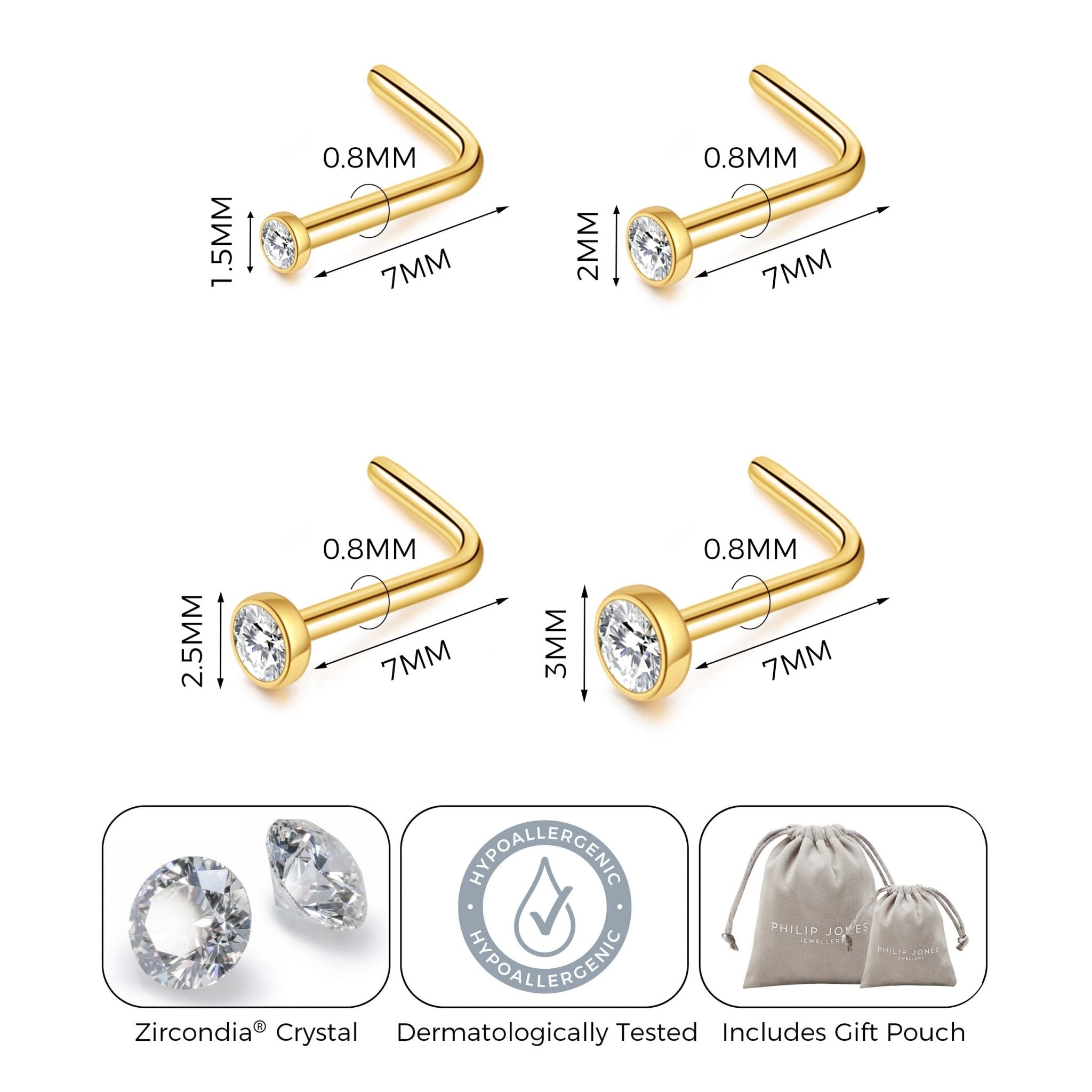 Pack of 4 L Shaped Bezel Set Gold Stainless Steel Nose Studs Created with Zircondia® Crystals