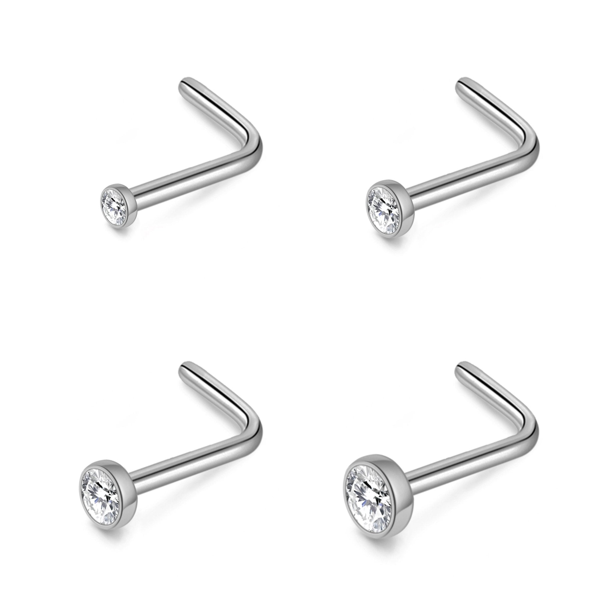Pack of 4 L Shaped Bezel Set Stainless Steel Nose Studs Created with Zircondia® Crystals