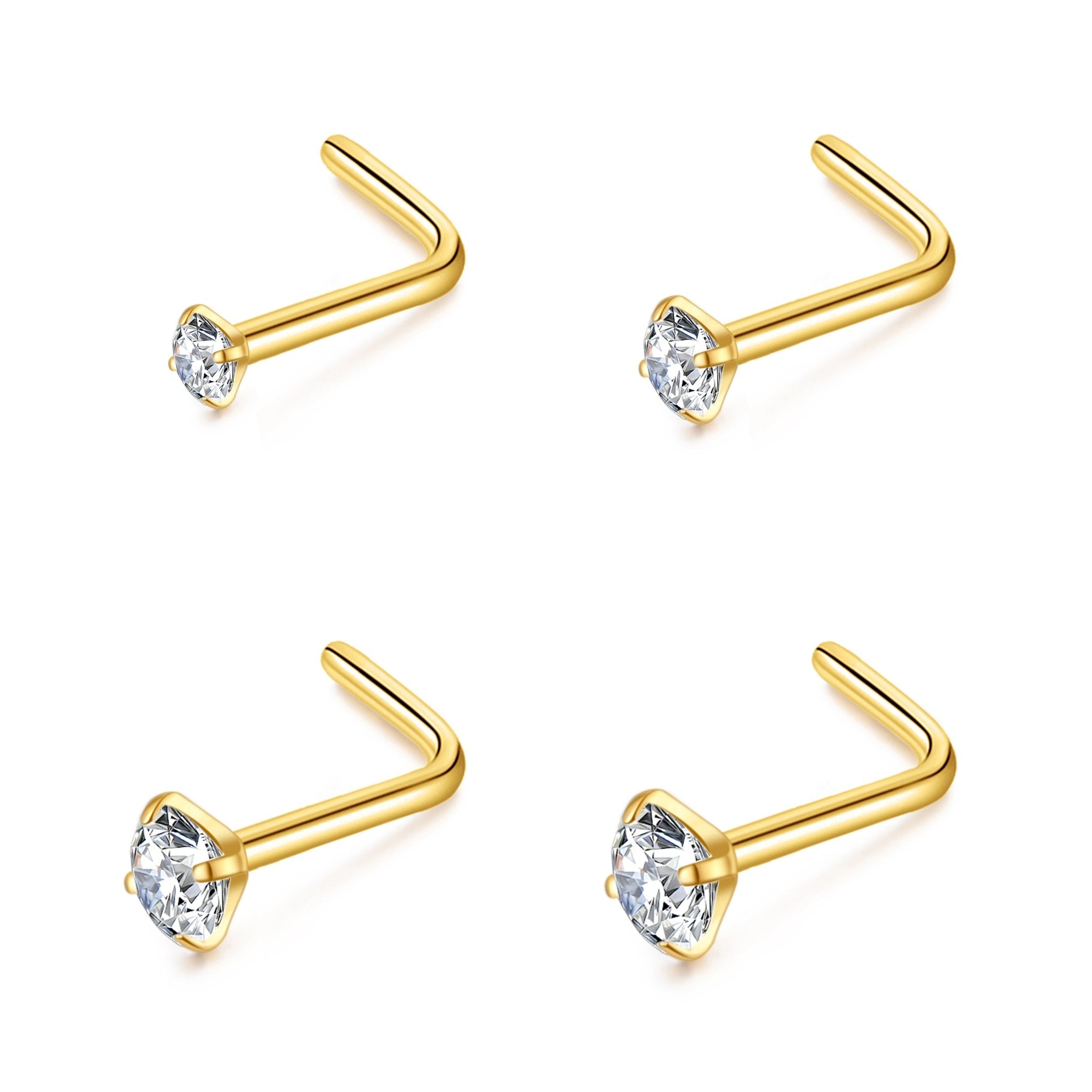Pack of 4 L Shaped Gold Plated Stainless Steel Nose Studs Created with Zircondia® Crystals
