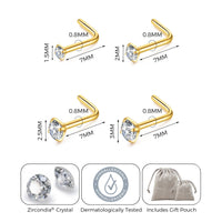 Pack of 4 L Shaped Gold Plated Stainless Steel Nose Studs Created with Zircondia® Crystals