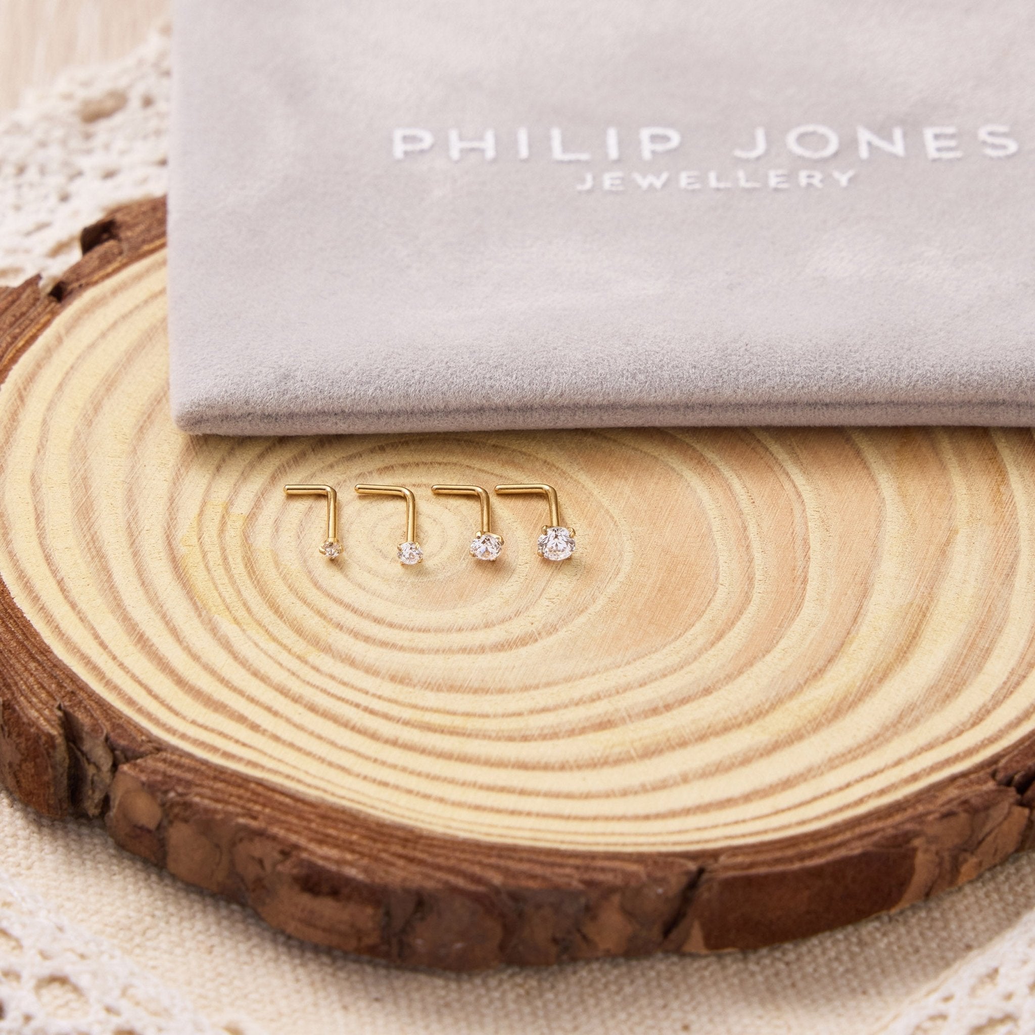 Pack of 4 L Shaped Gold Plated Stainless Steel Nose Studs Created with Zircondia® Crystals