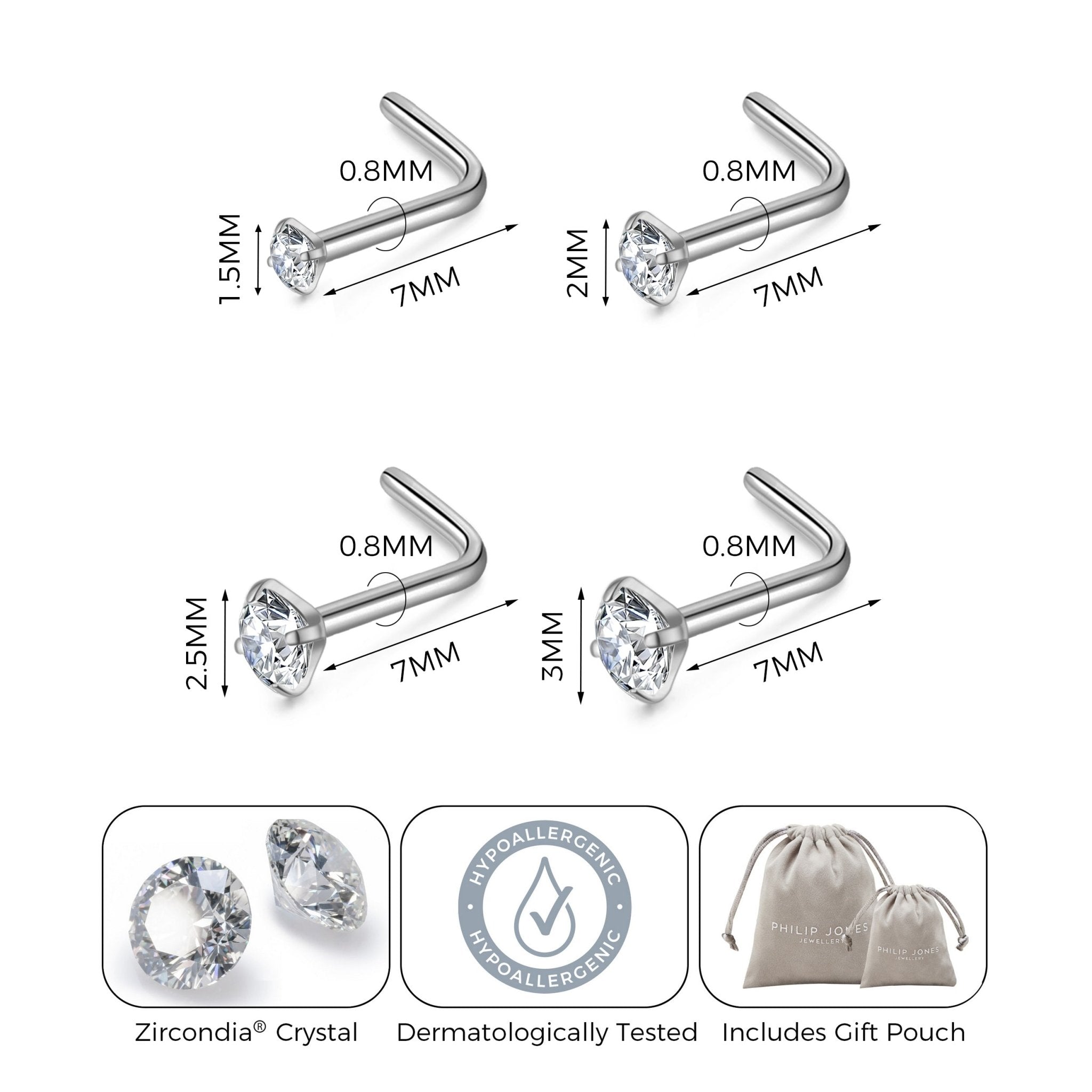 Pack of 4 L Shaped Stainless Steel Nose Studs Created with Zircondia® Crystals