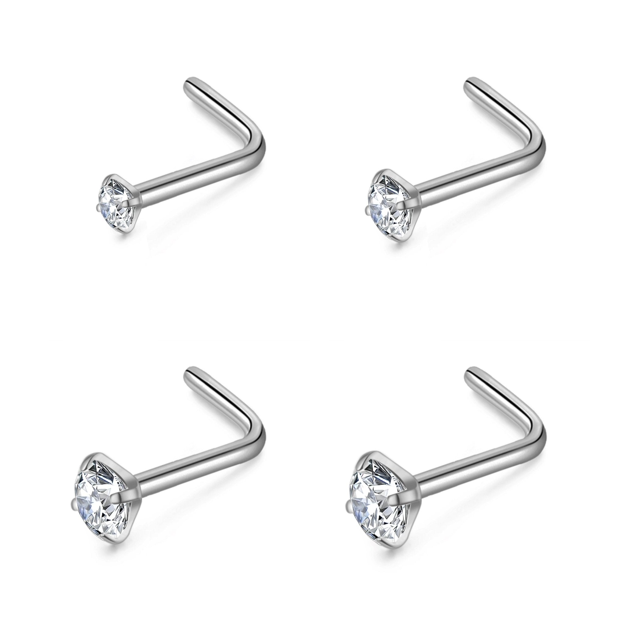 Pack of 4 L Shaped Stainless Steel Nose Studs Created with Zircondia® Crystals