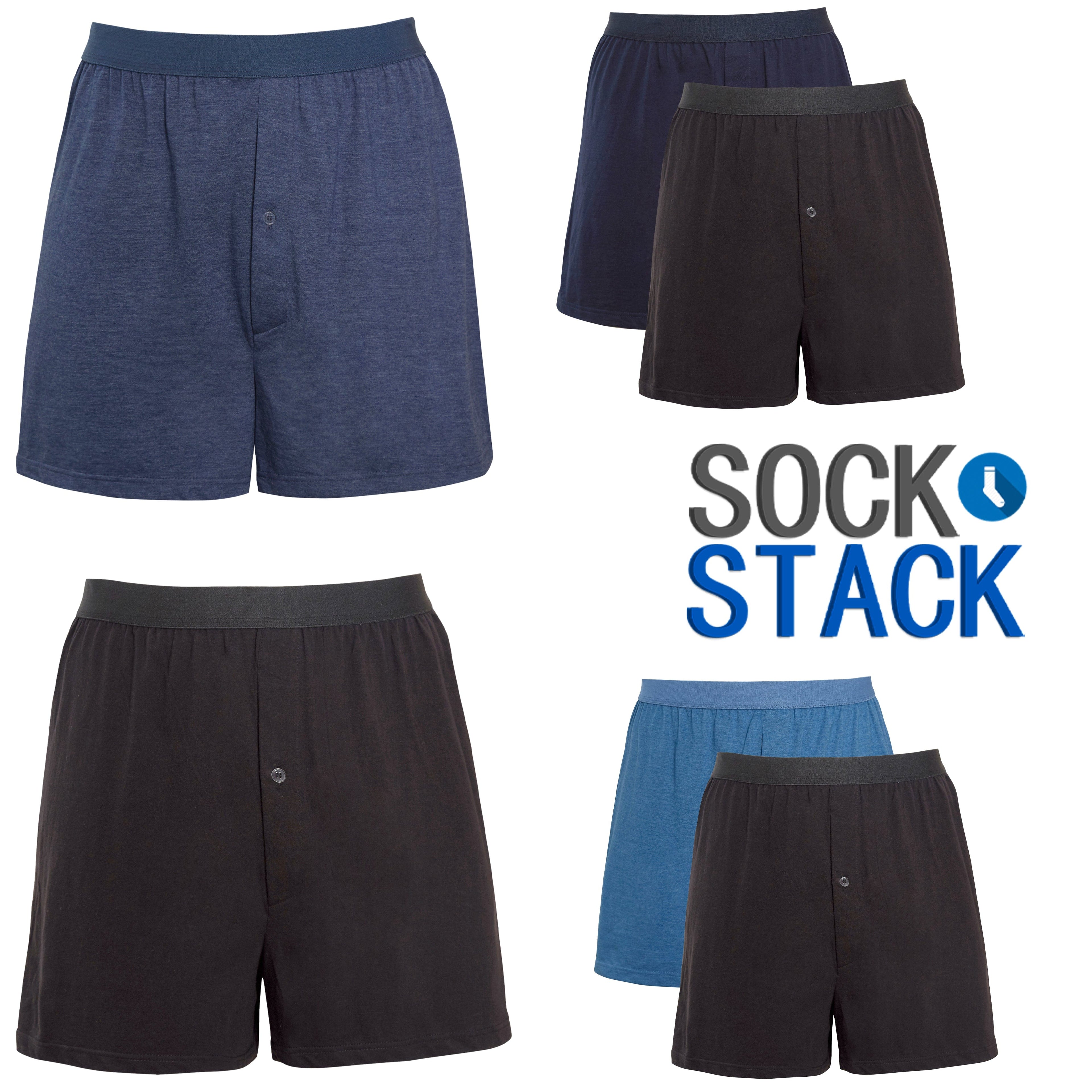 Pack of 6 Men’s Boxer Shorts Loose Fit Cotton Blend Jersey Underwear Super Soft Button Fly & Elastic Waistband by Sock Stack