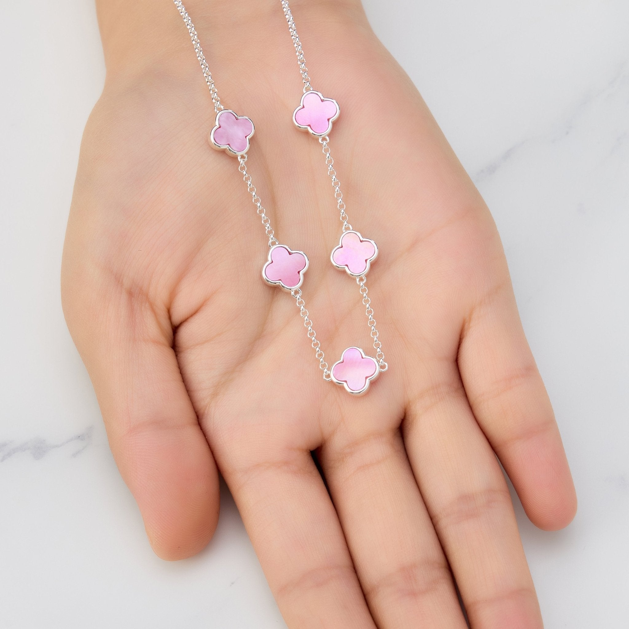 Pink Mother of Pearl Gemstone Multi Clover Necklace