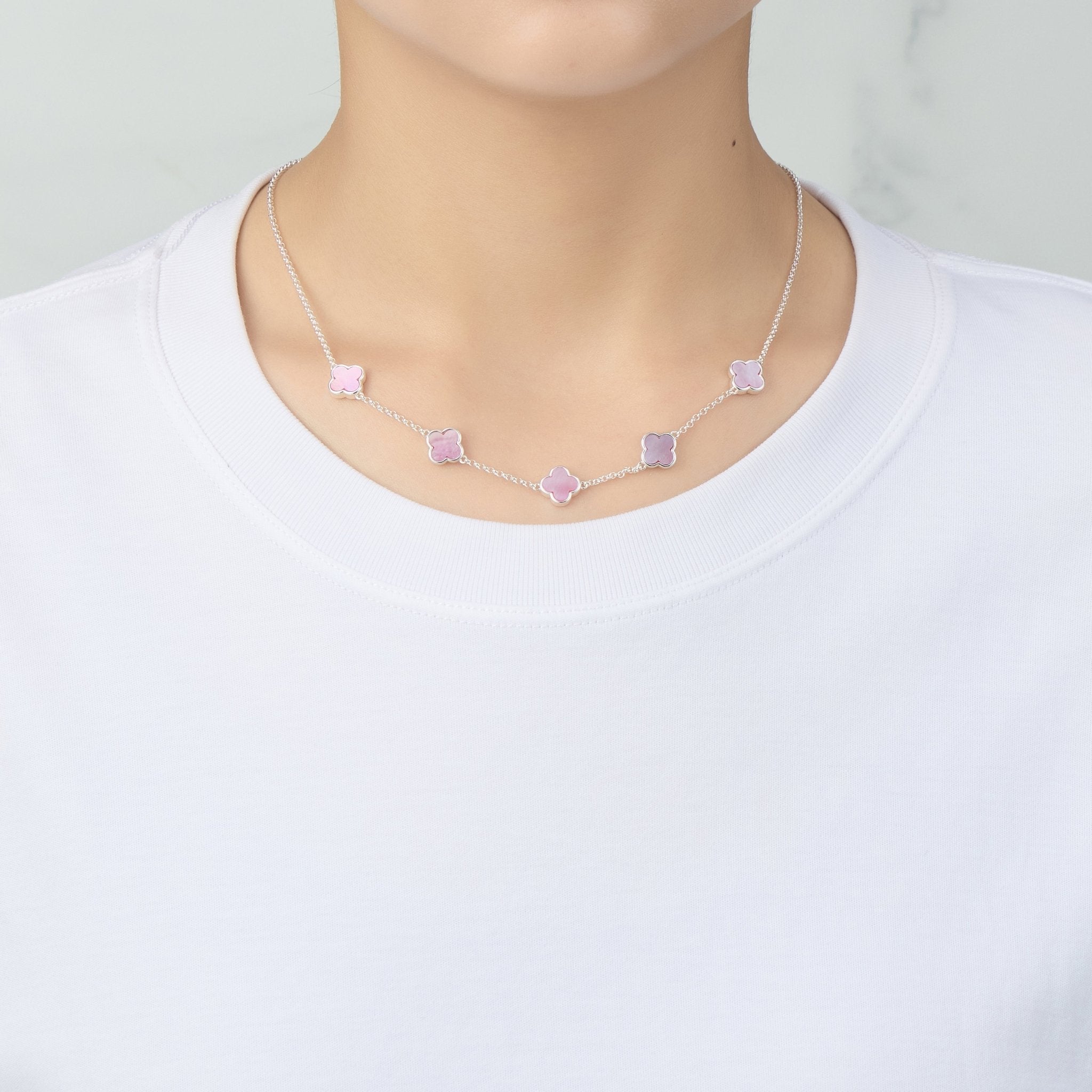 Pink Mother of Pearl Gemstone Multi Clover Necklace