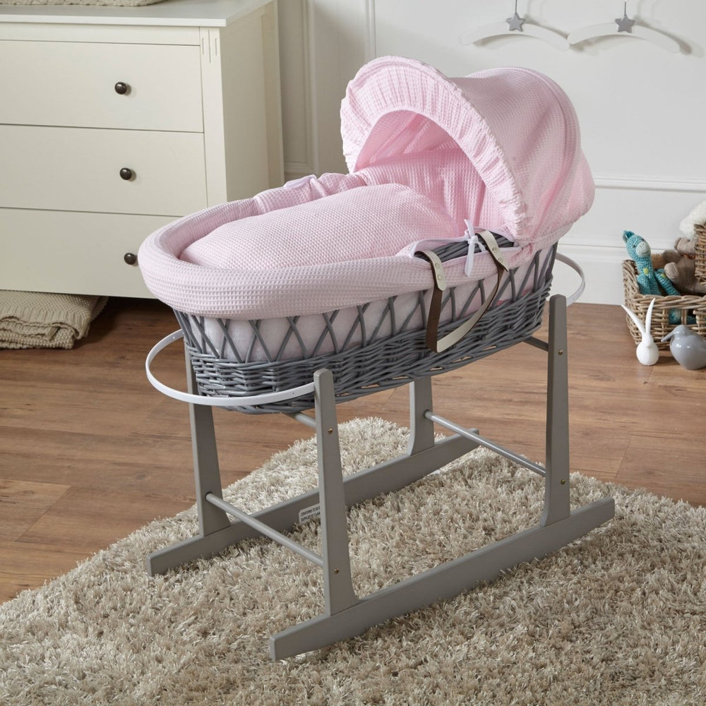 Pink Waffle Grey Wicker Baby Moses Basket With Stand
