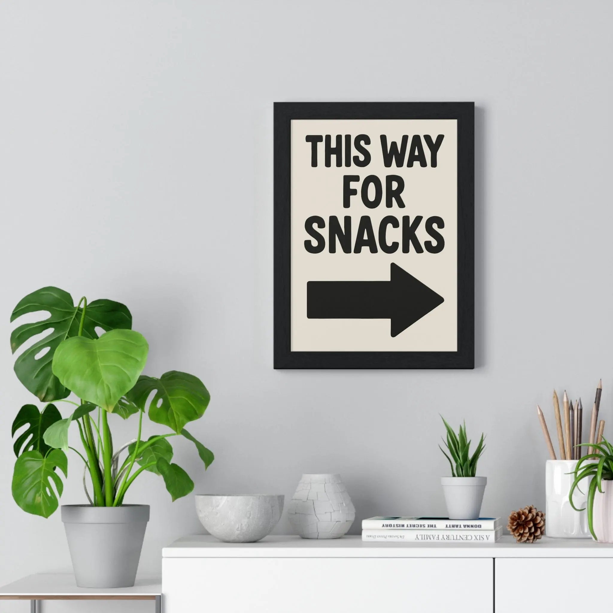 Funny Kitchen Poster – This Way For Snacks Arrow Print – Bold Wall Art