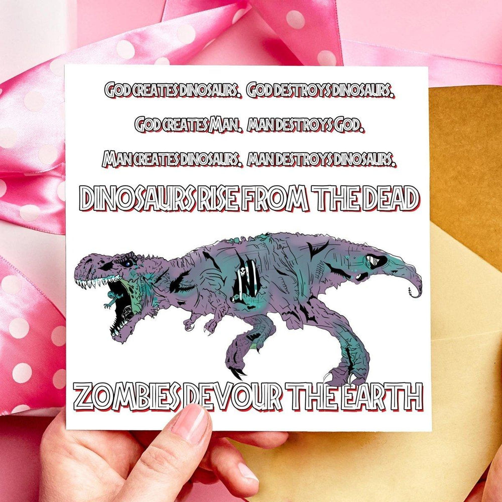 Dinosaurs Rise from the Dead, Zombies Devour the Earth T-Rex Birthday Card