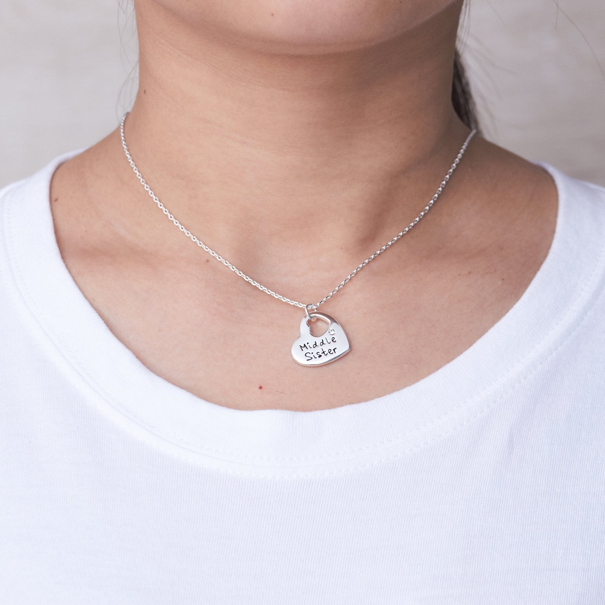Rhodium Plated Middle Sister Heart Necklace Created with Zircondia® Crystals