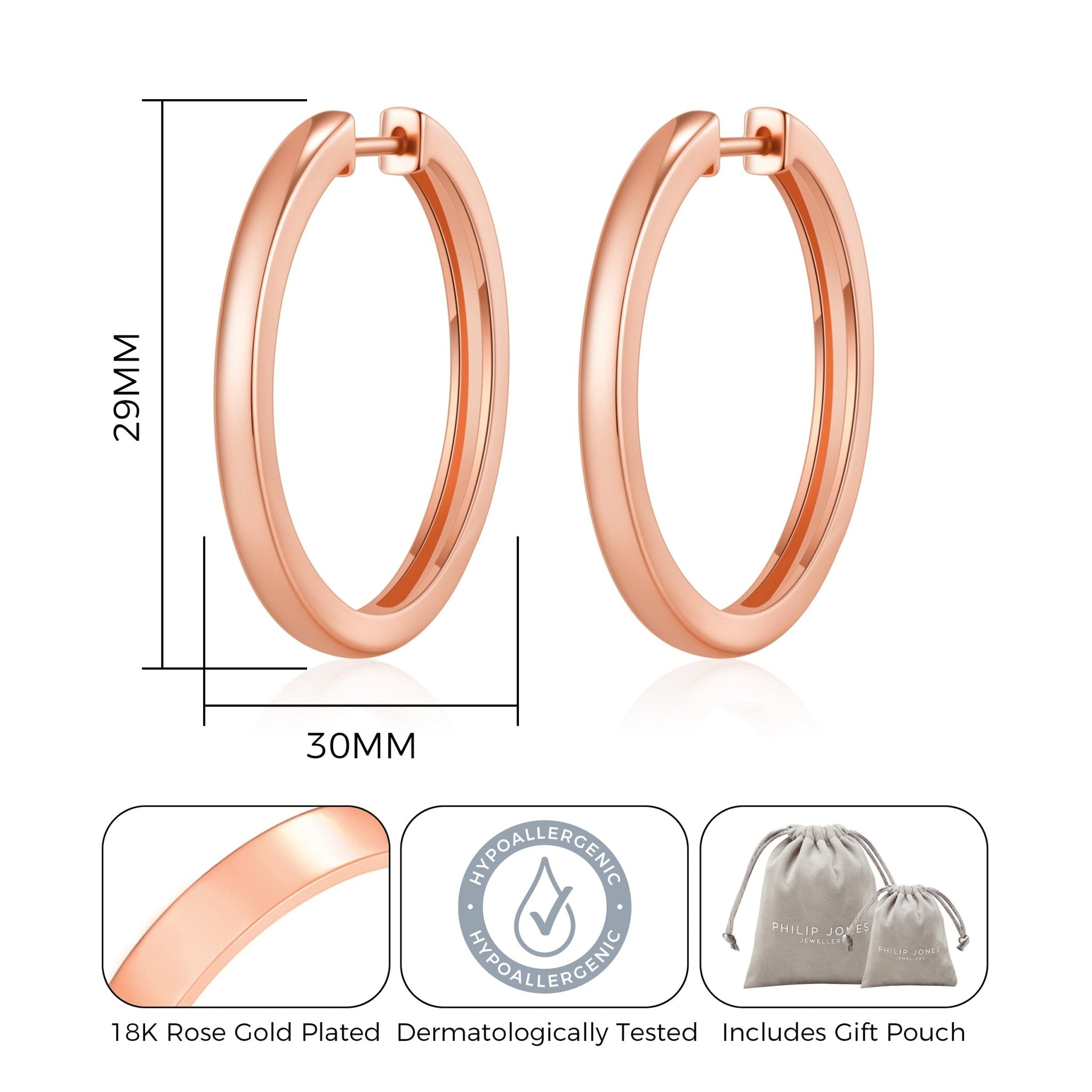 Rose Gold Plated 30mm Plain Hoop Earrings