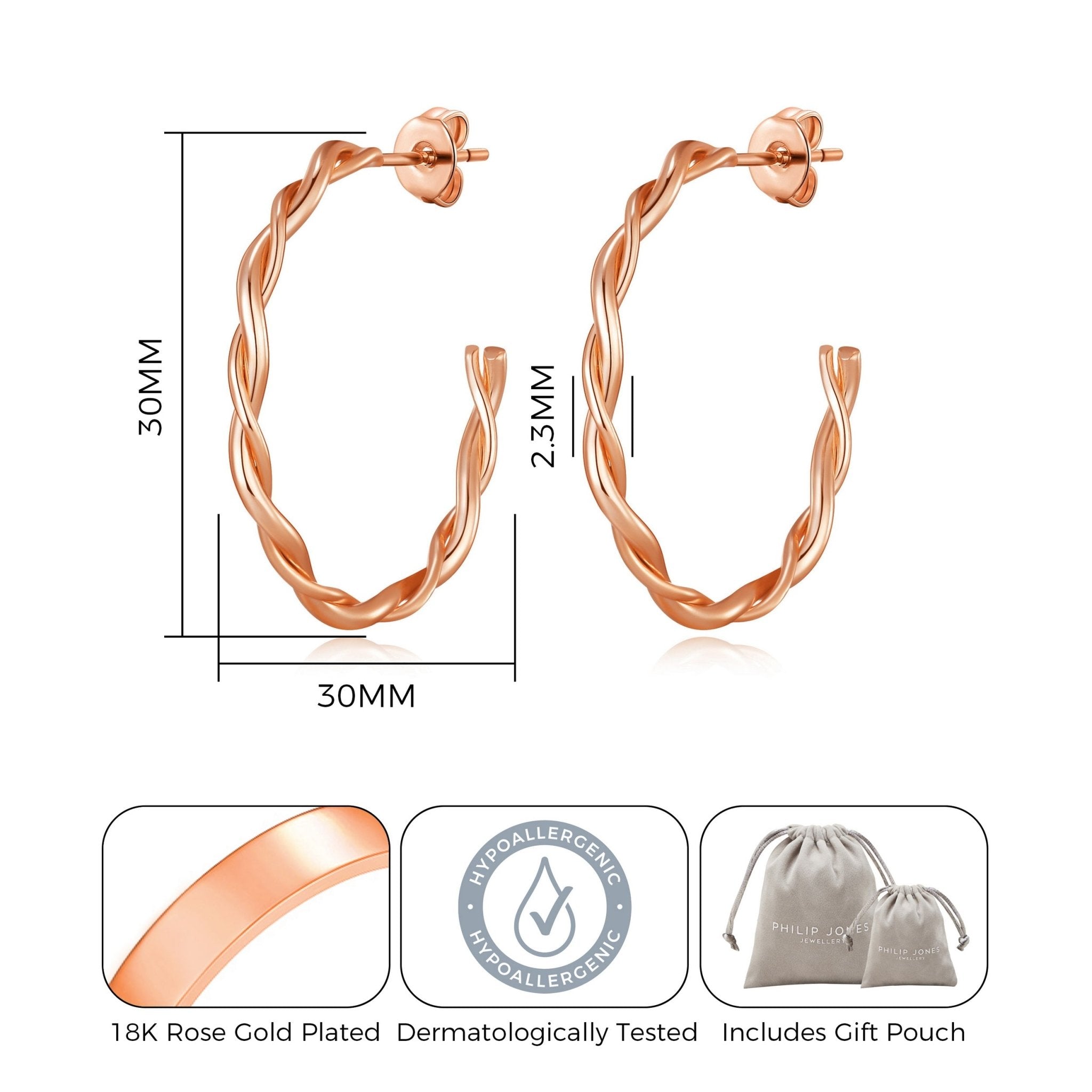 Rose Gold Plated 30mm Twisted Hoop Earrings