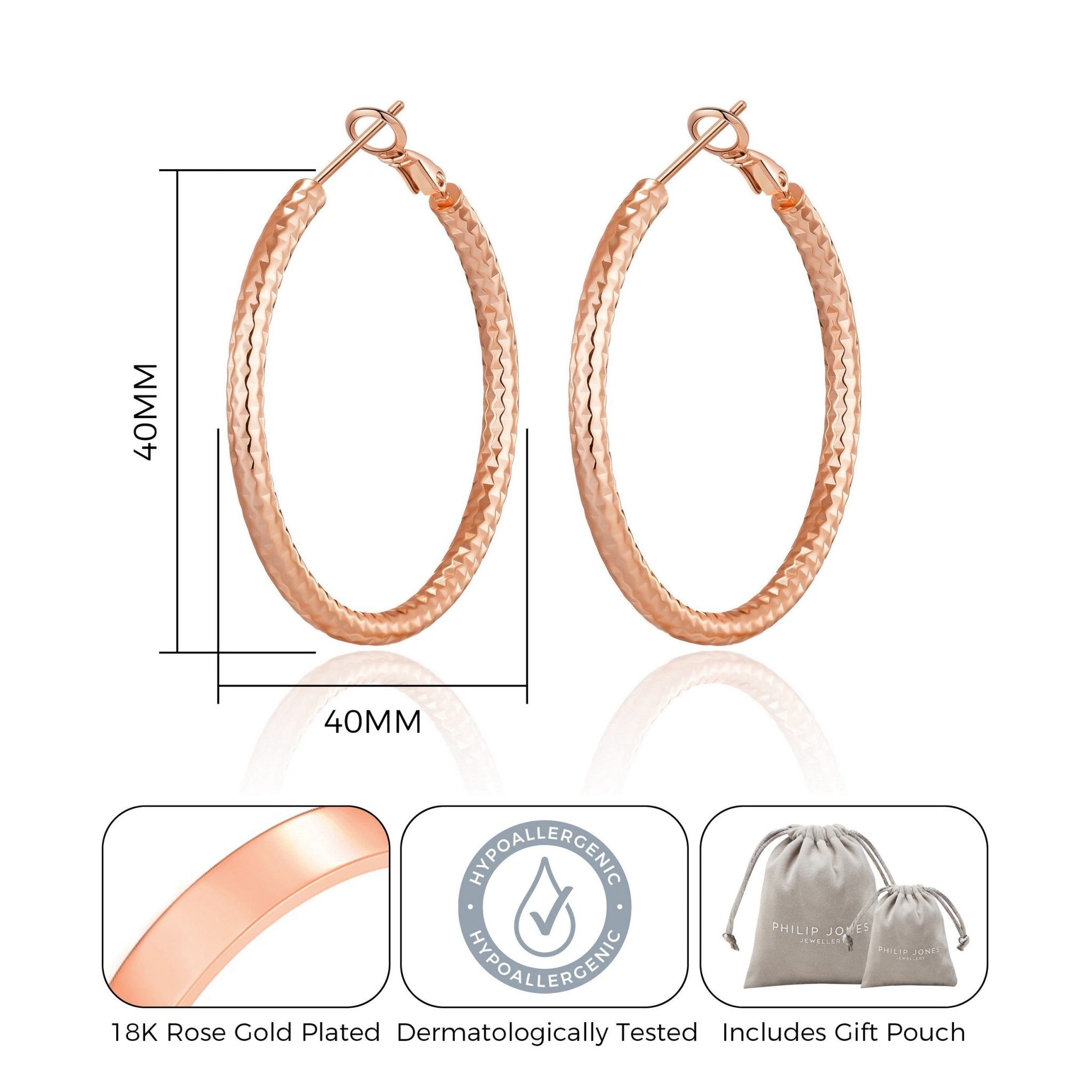Rose Gold Plated 40mm Diamond Cut Hoop Earrings