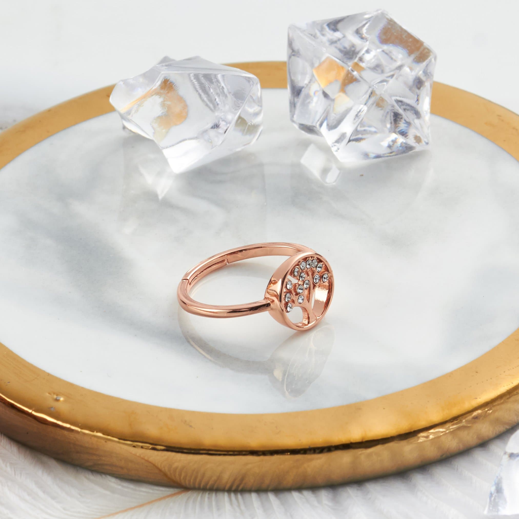 Rose Gold Plated Adjustable Tree of Life Ring Created with Zircondia® Crystals