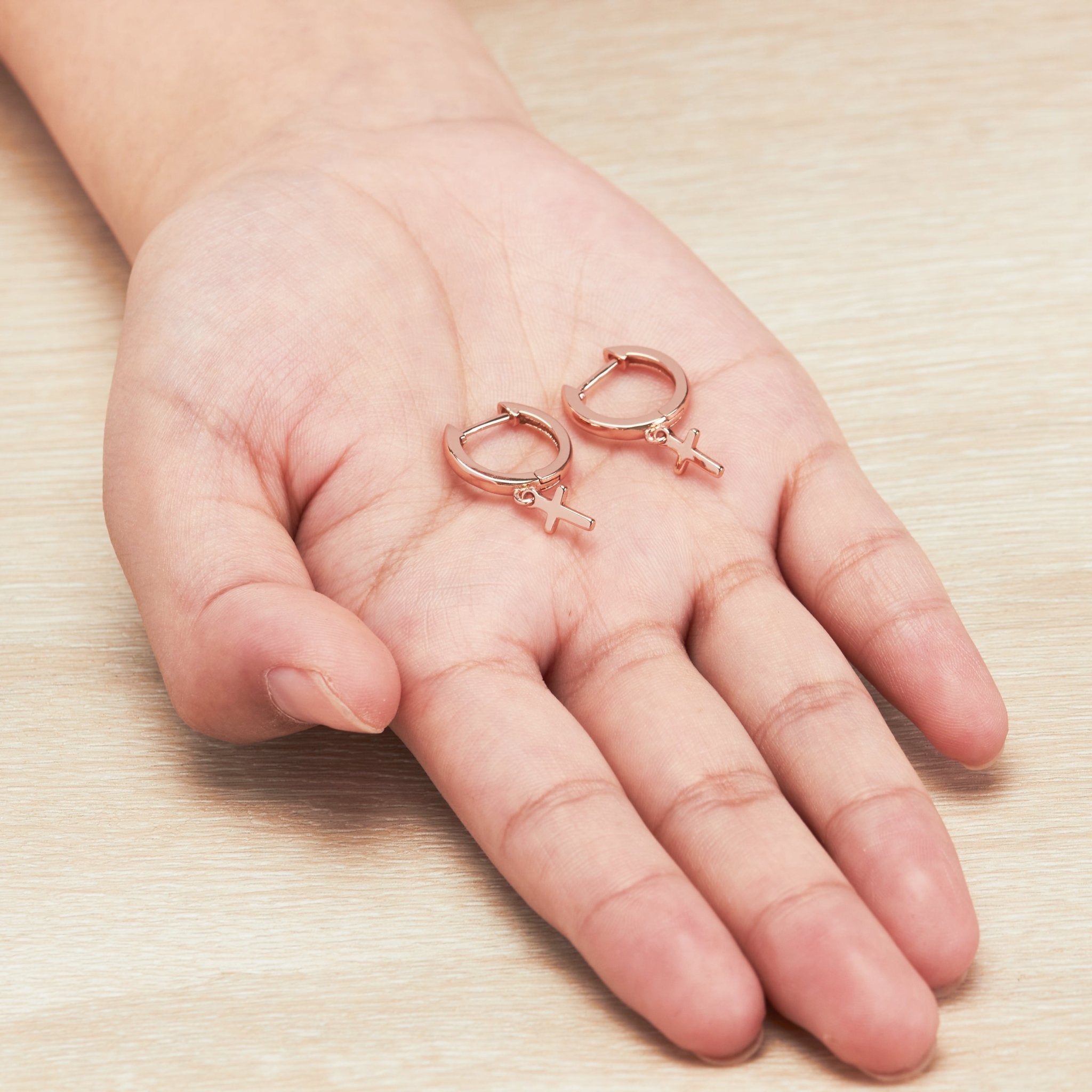 Rose Gold Plated Cross Charm Hoop Earrings