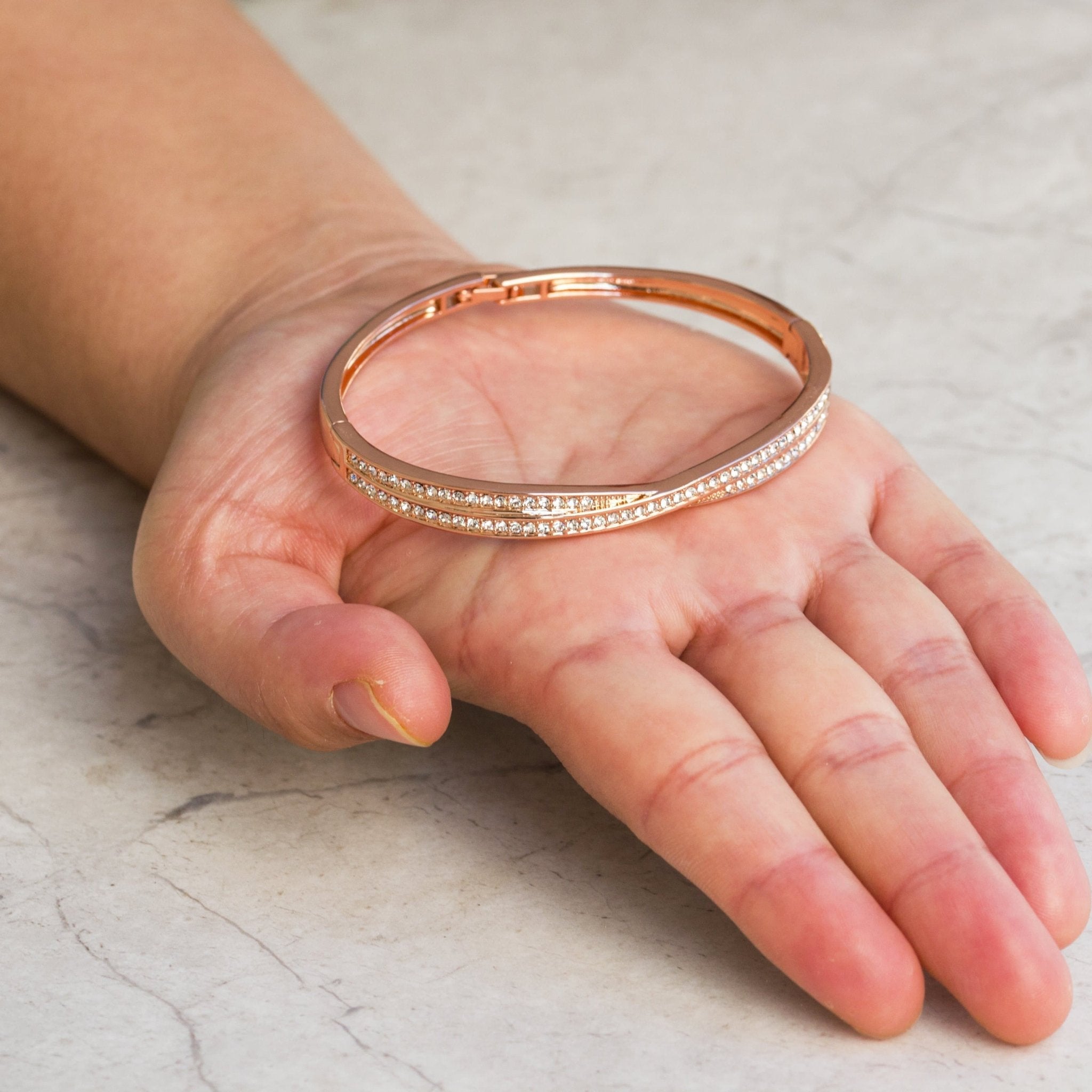 Rose Gold Plated Crossover Bangle Created with Zircondia® Crystals (7 Inch)