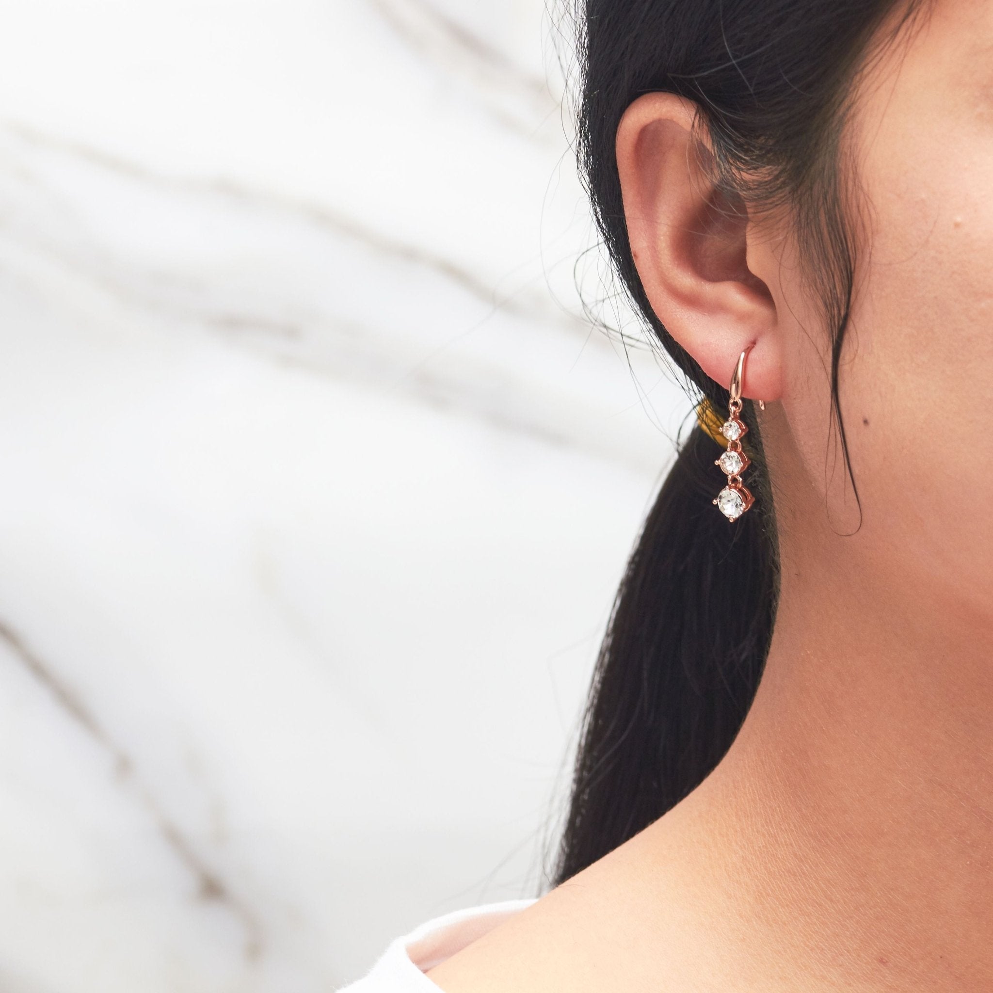 Rose Gold Plated Graduated Drop Earrings Created with Zircondia® Crystals