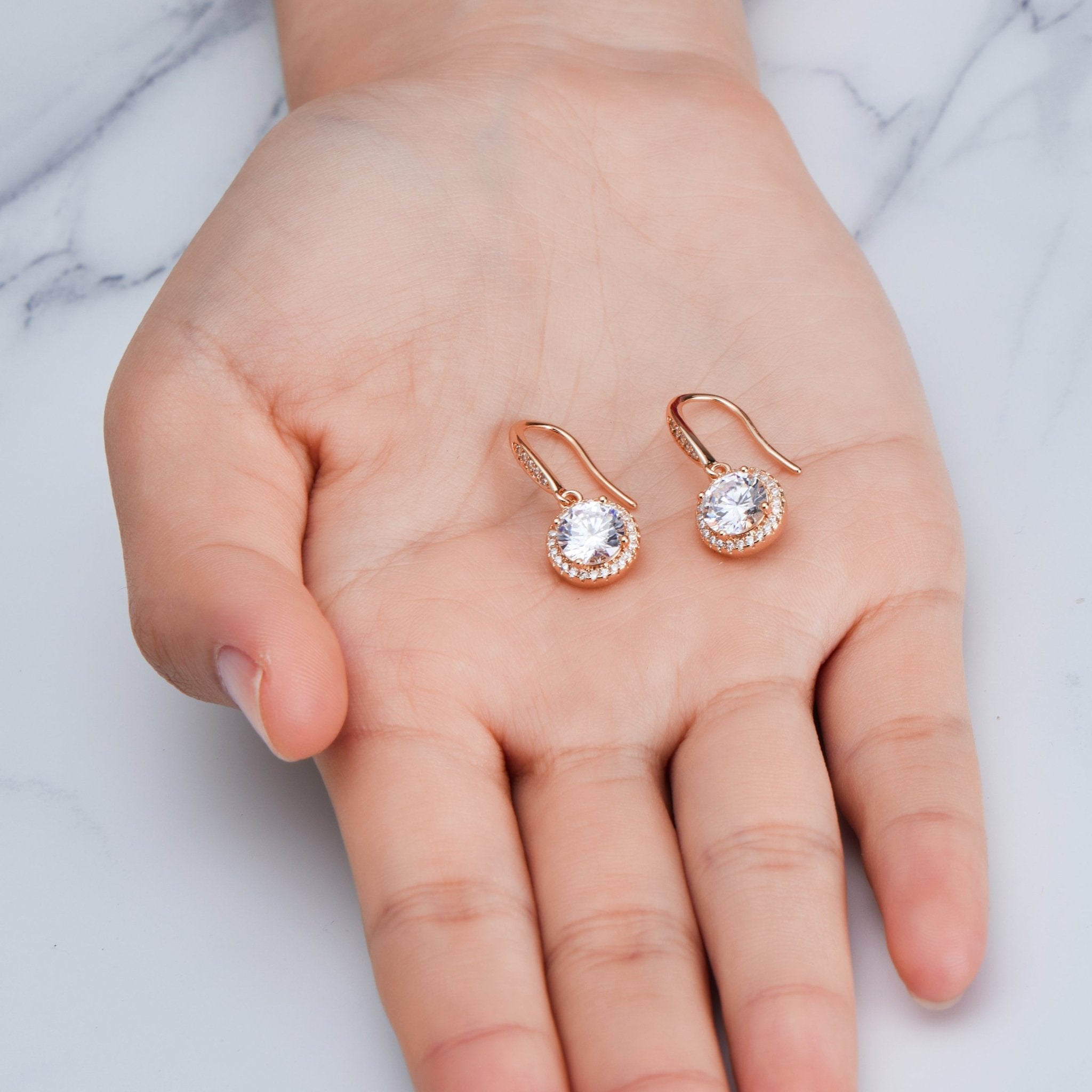 Rose Gold Plated Halo Drop Earrings Created with Zircondia® Crystals