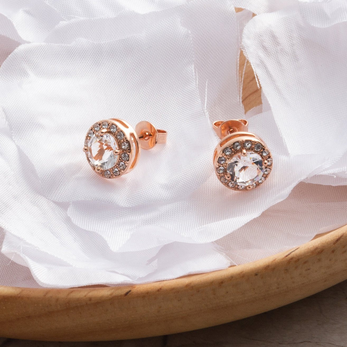 Rose Gold Plated Halo Earrings Created with Zircondia® Crystals