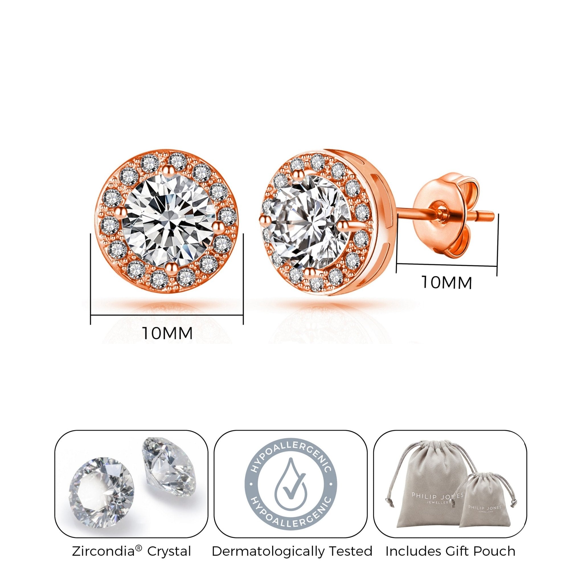 Rose Gold Plated Halo Earrings Created with Zircondia® Crystals