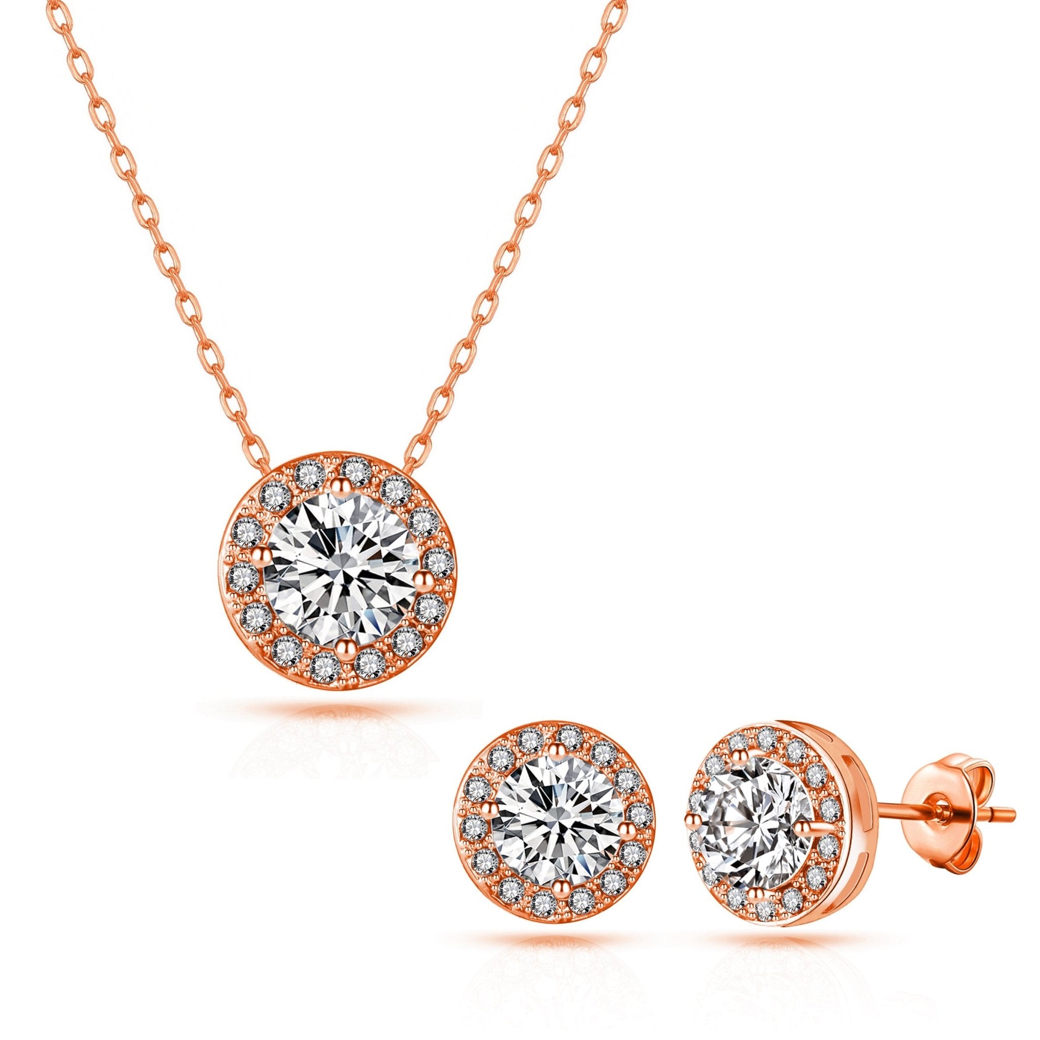 Rose Gold Plated Halo Set Created with Zircondia® Crystals