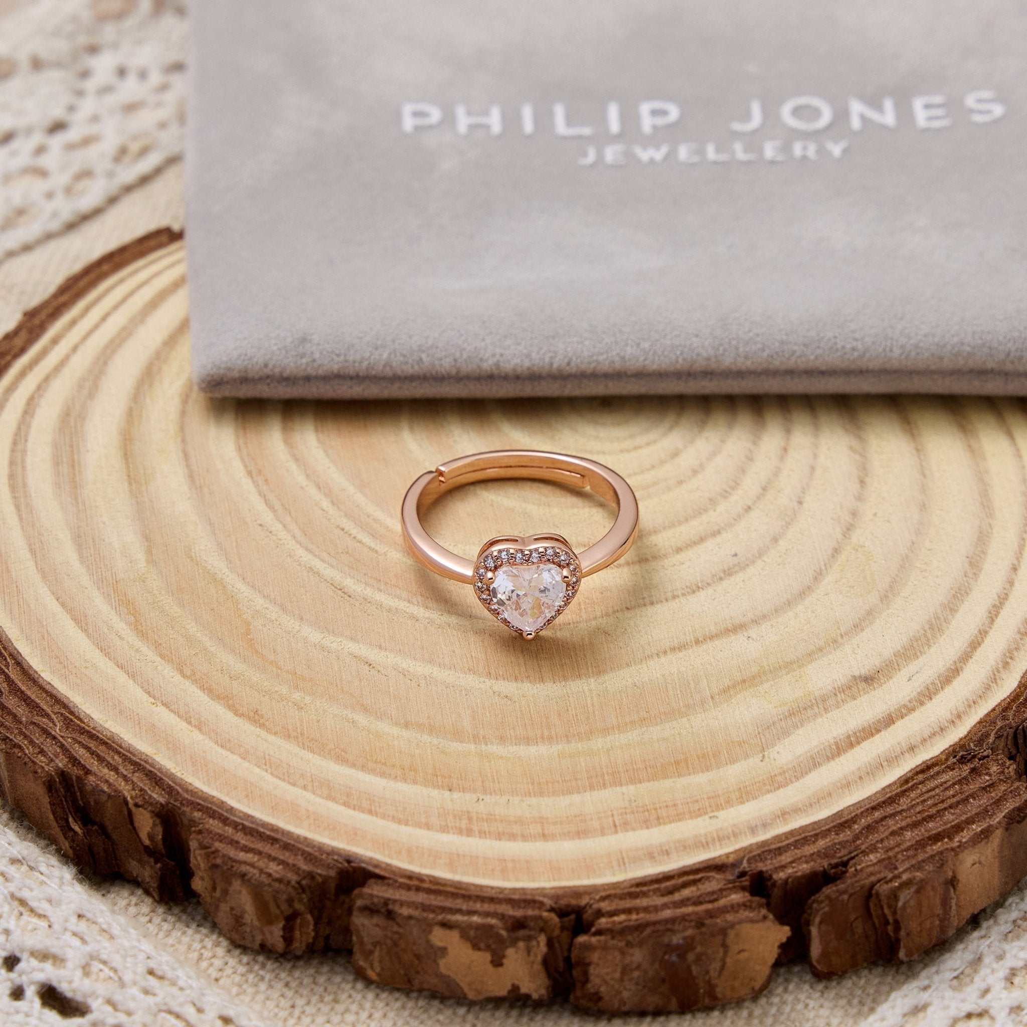 Rose Gold Plated Heart Halo Ring Created with Zircondia® Crystals