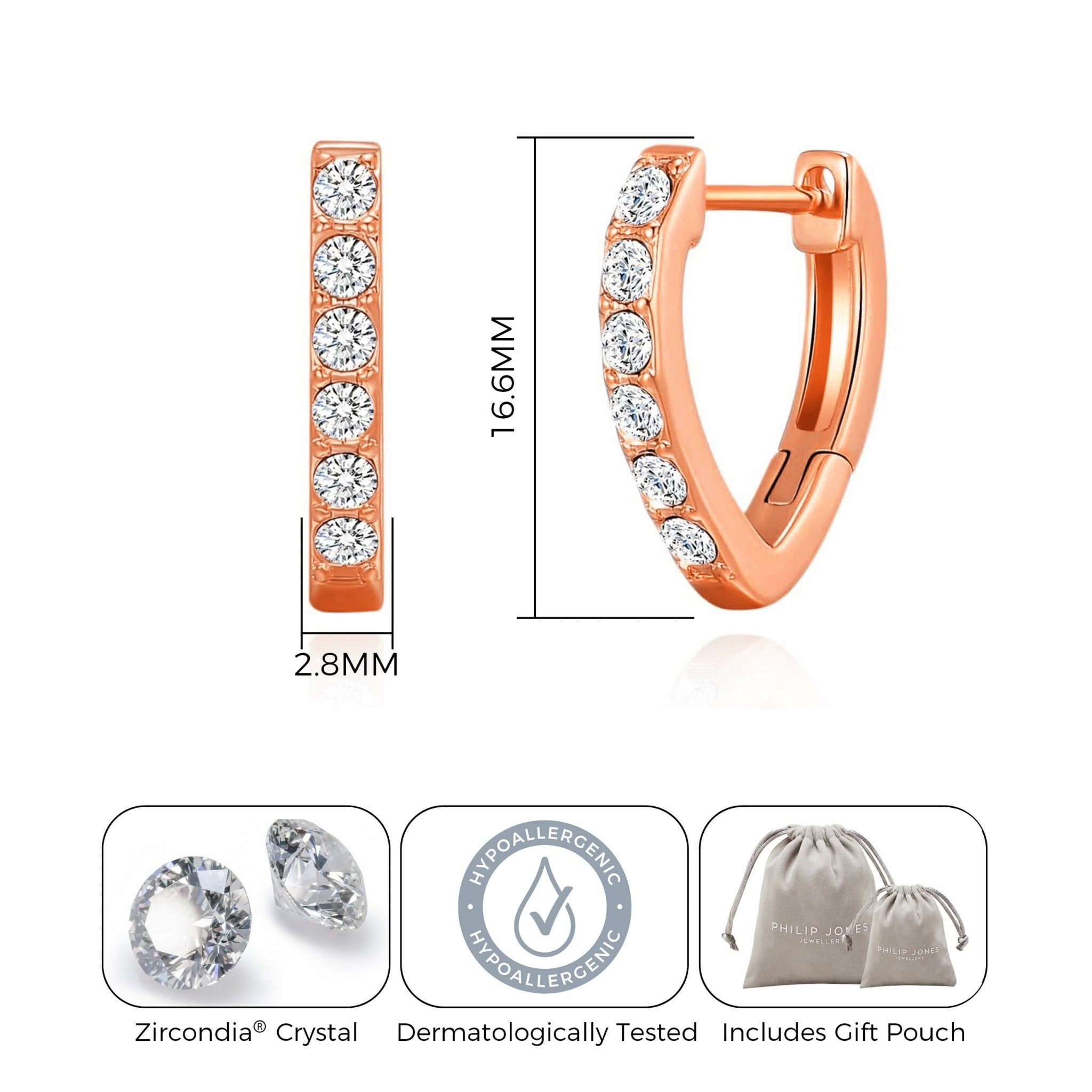 Rose Gold Plated Huggie Hoop Earrings Created with Zircondia® Crystals