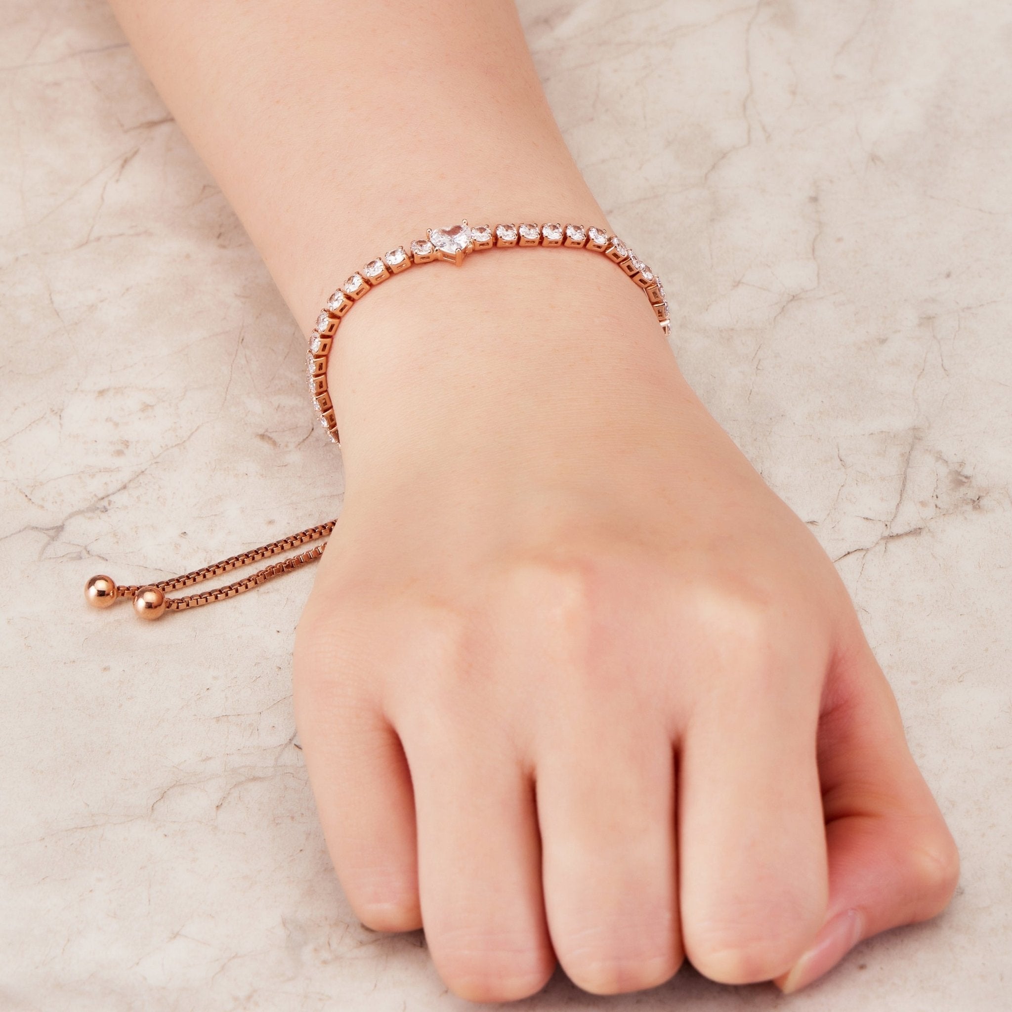 Rose Gold Plated Heart Solitaire Friendship Bracelet Created with Zircondia® Crystals