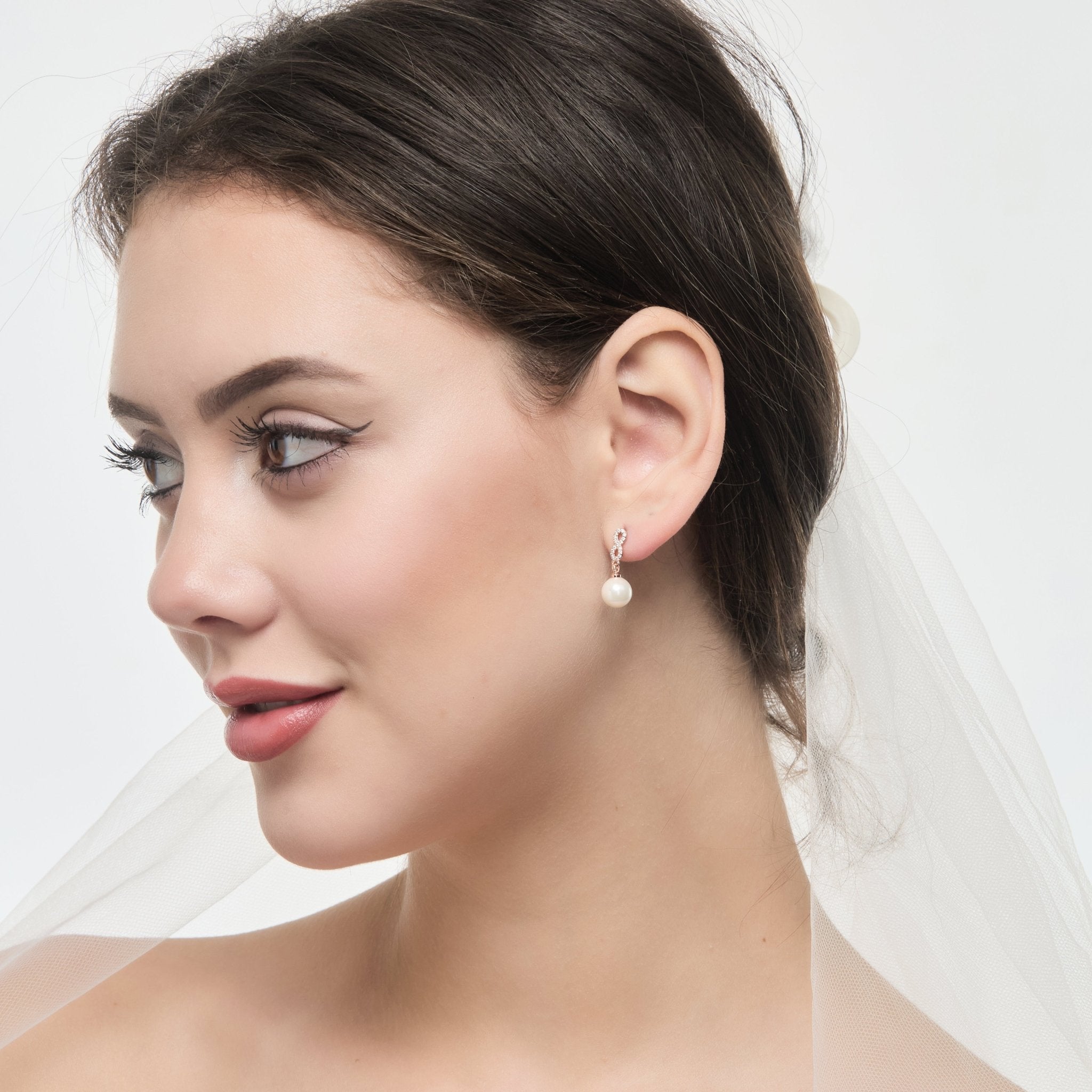 Rose Gold Plated I Couldn't Say I Do Without You Infinity Pearl Drop Earrings with Zircondia® Crystals