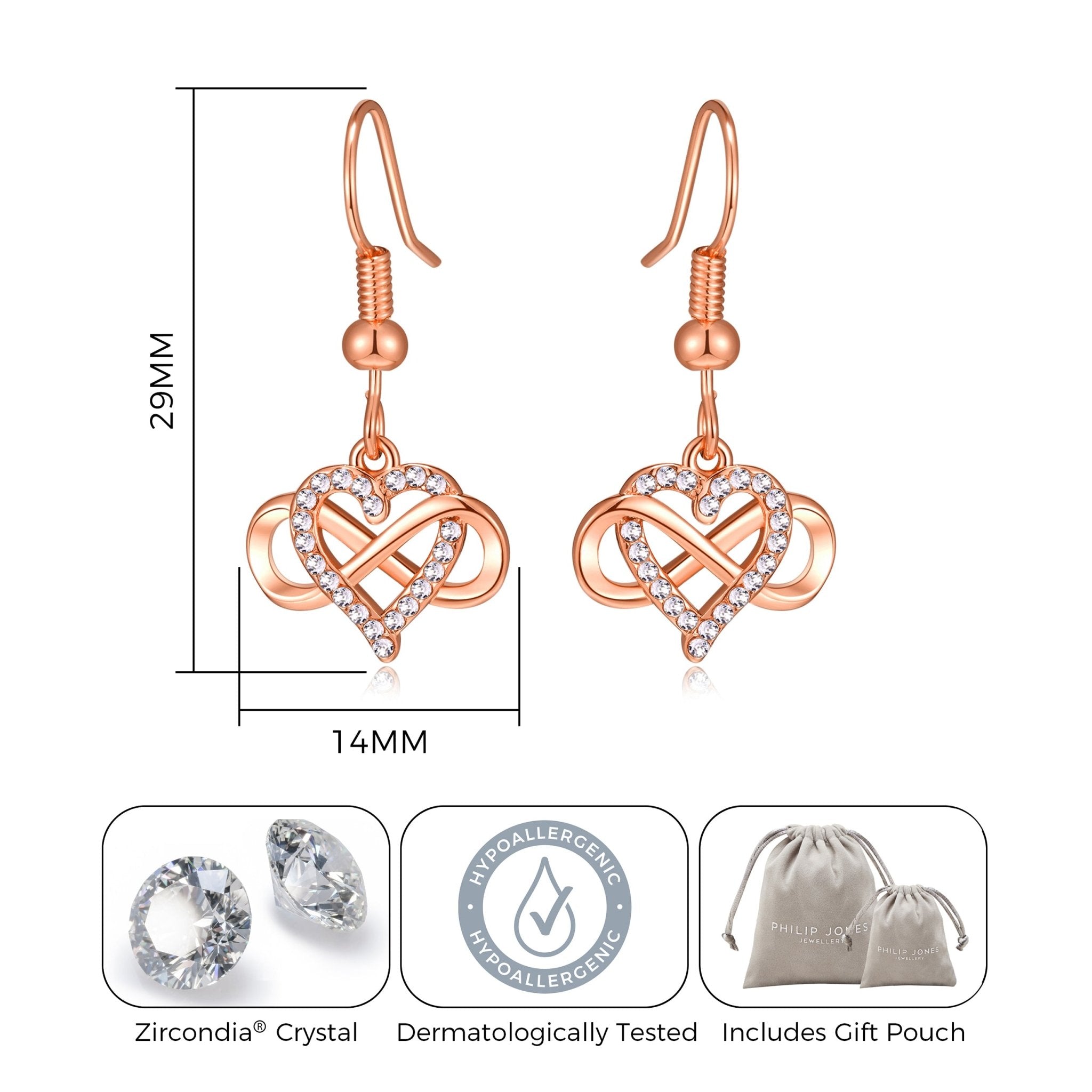Rose Gold Plated Infinity Heart Drop Earrings Created with Zircondia® Crystals
