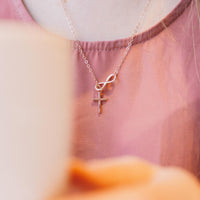 Rose Gold Plated Infinity with Cross Lariat Necklace