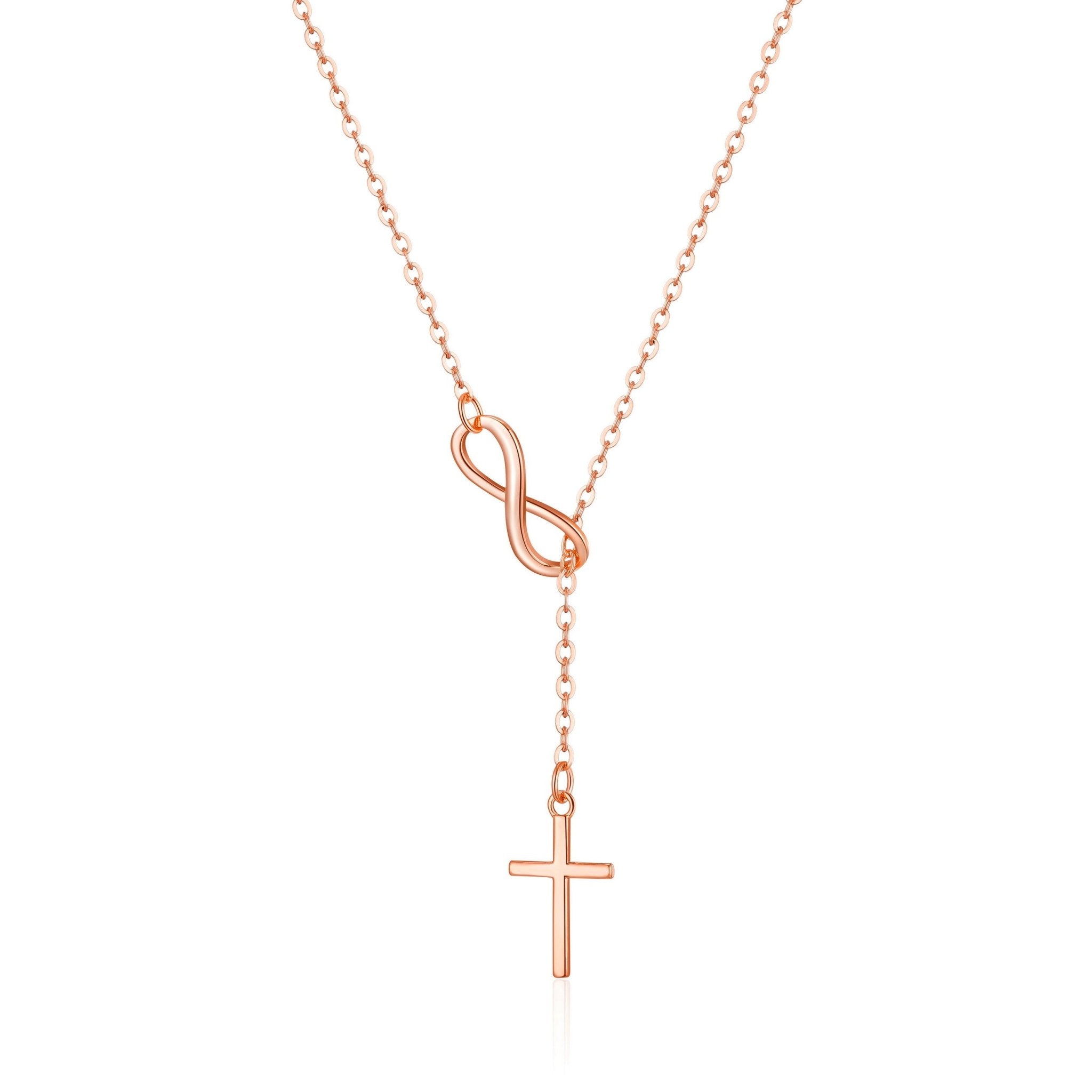 Rose Gold Plated Infinity with Cross Lariat Necklace
