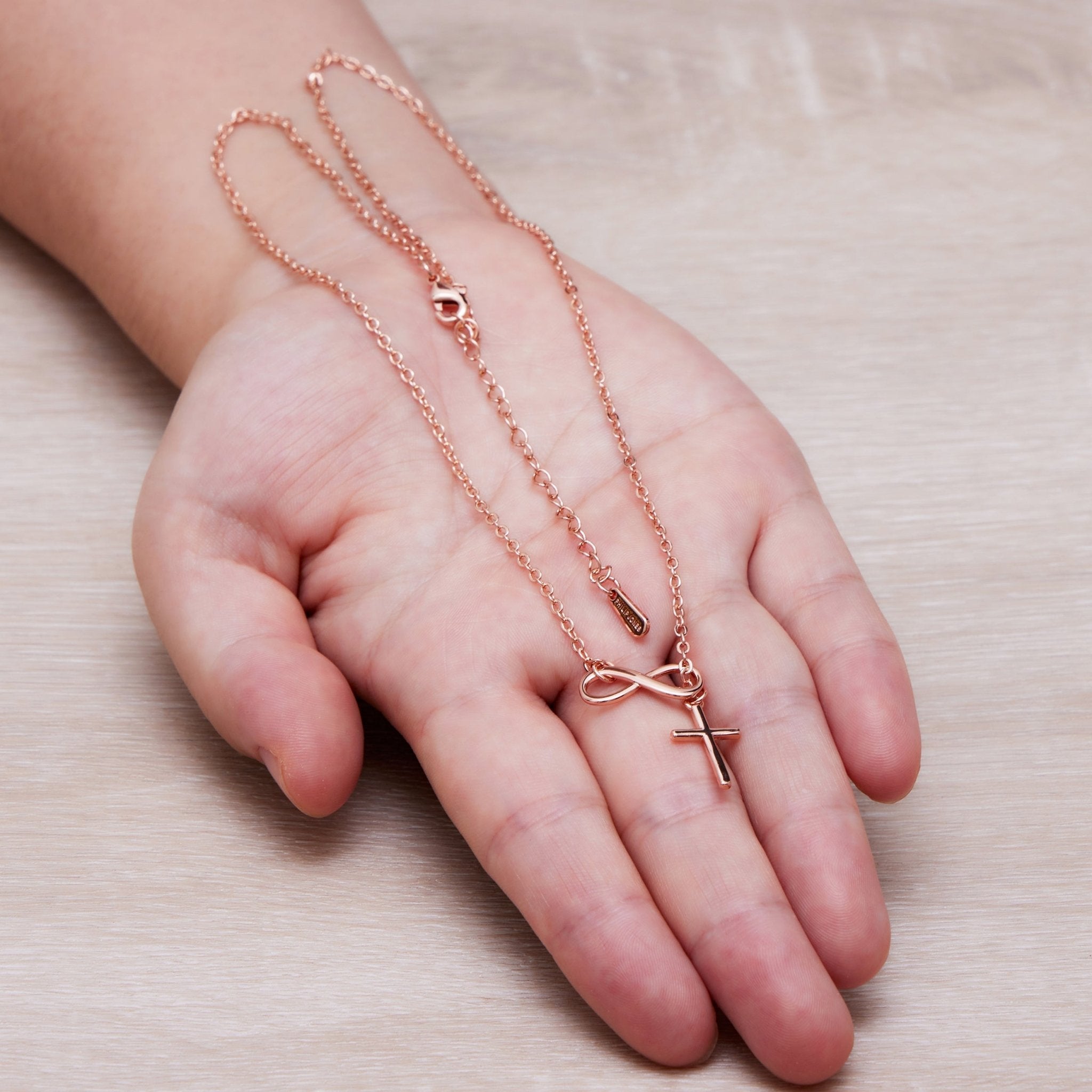 Rose Gold Plated Infinity with Cross Lariat Necklace