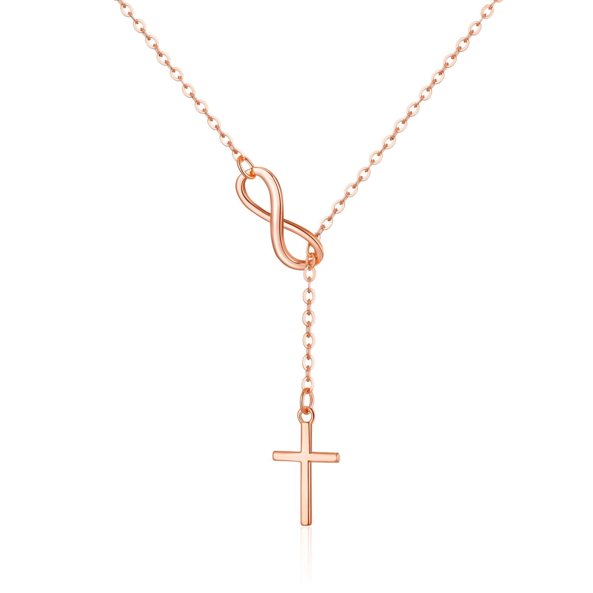 Rose Gold Plated Infinity with Cross Lariat Necklace